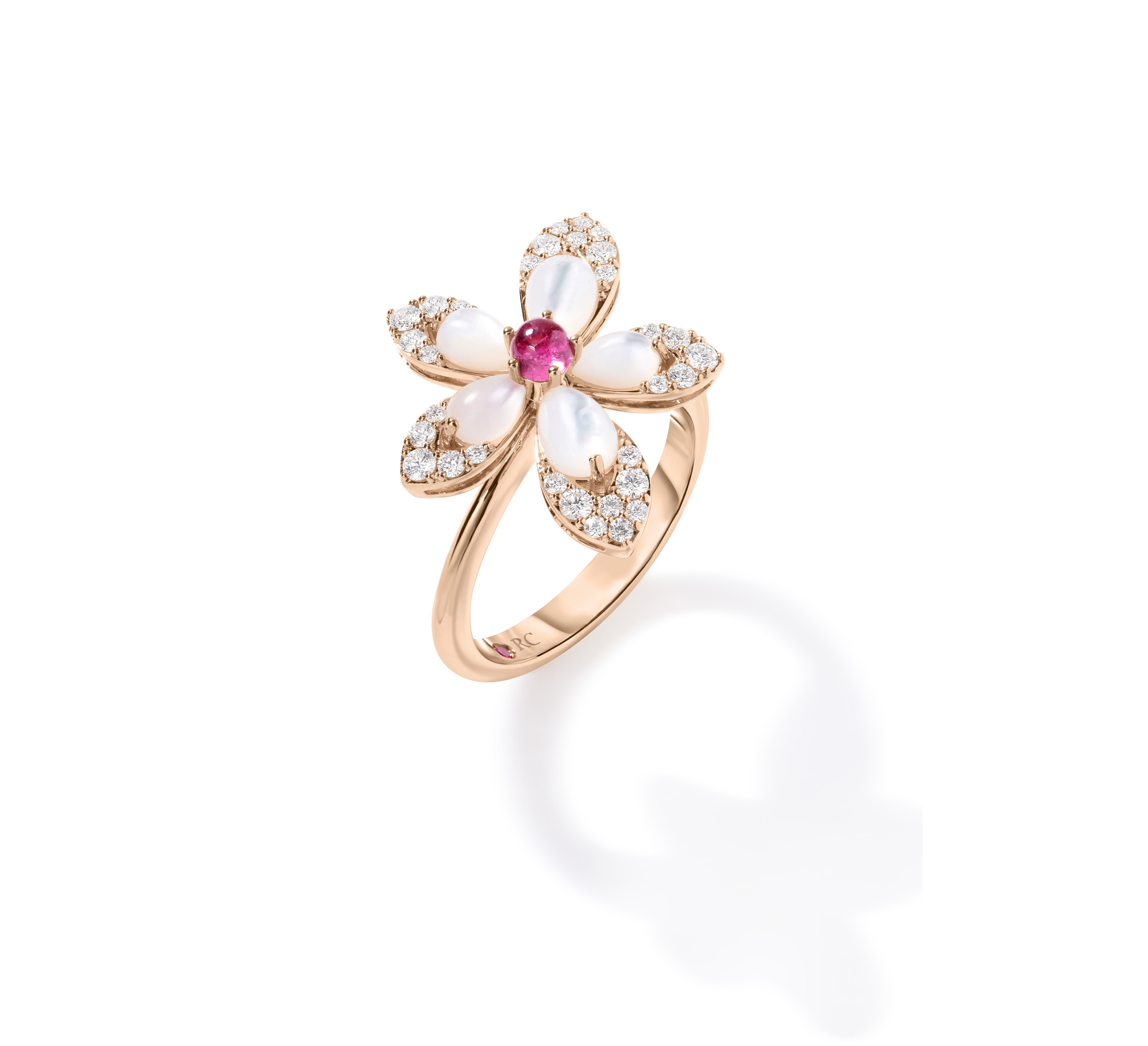 18k Rose Gold Tiare' Diamond, Rubellite, & Mother Of Pearl Flower Ring