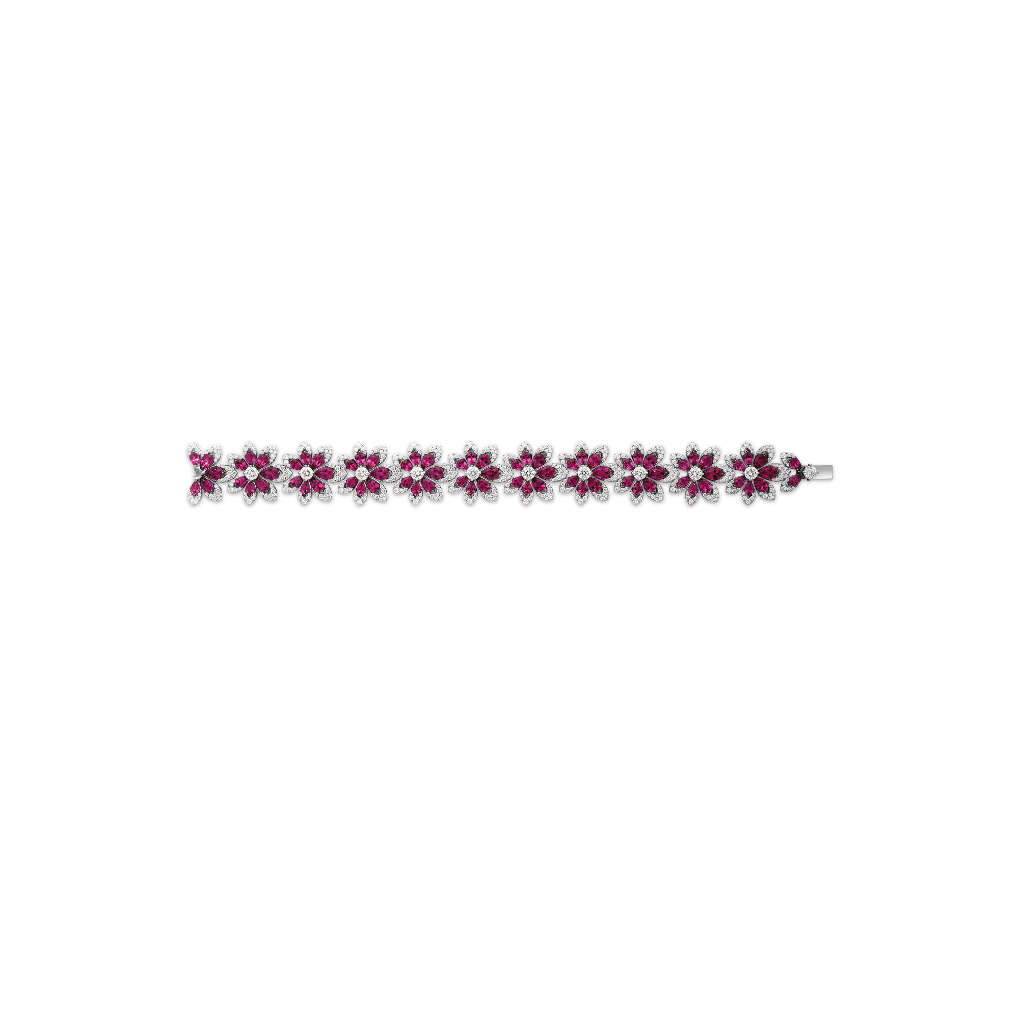 18k White Gold Tiare' Pave Diamond & Rubellite Flower Bracelet