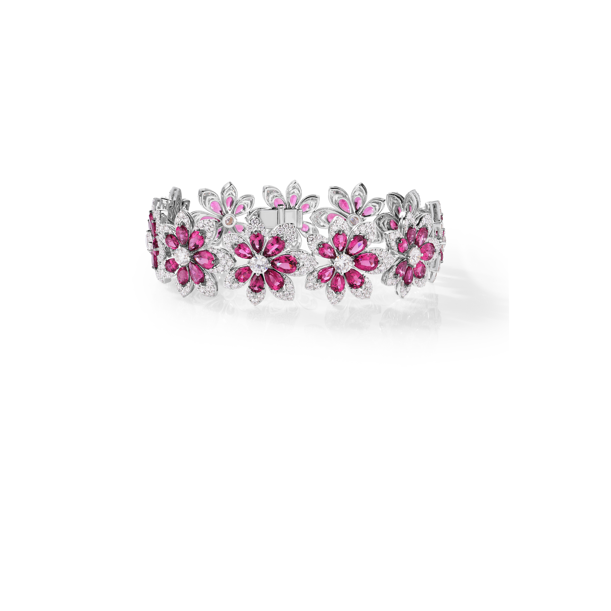 18k White Gold Tiare' Pave Diamond & Rubellite Flower Bracelet