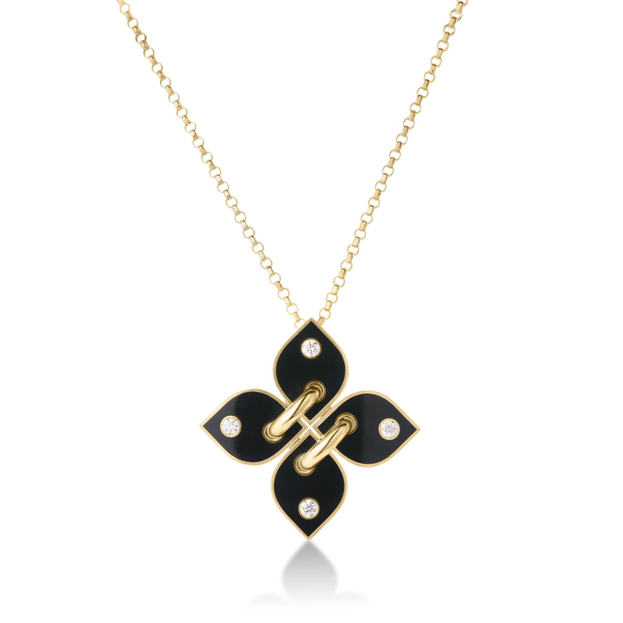 18k Yellow Gold Love In Verona Filo Diamond & Black Enamel Flower Necklace