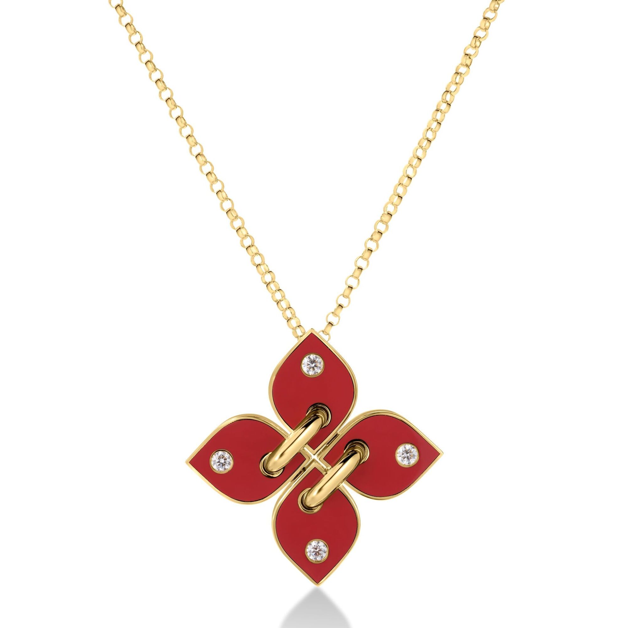 18k Yellow Gold Love In Verona Filo Diamond & Coral Enamel Flower Necklace