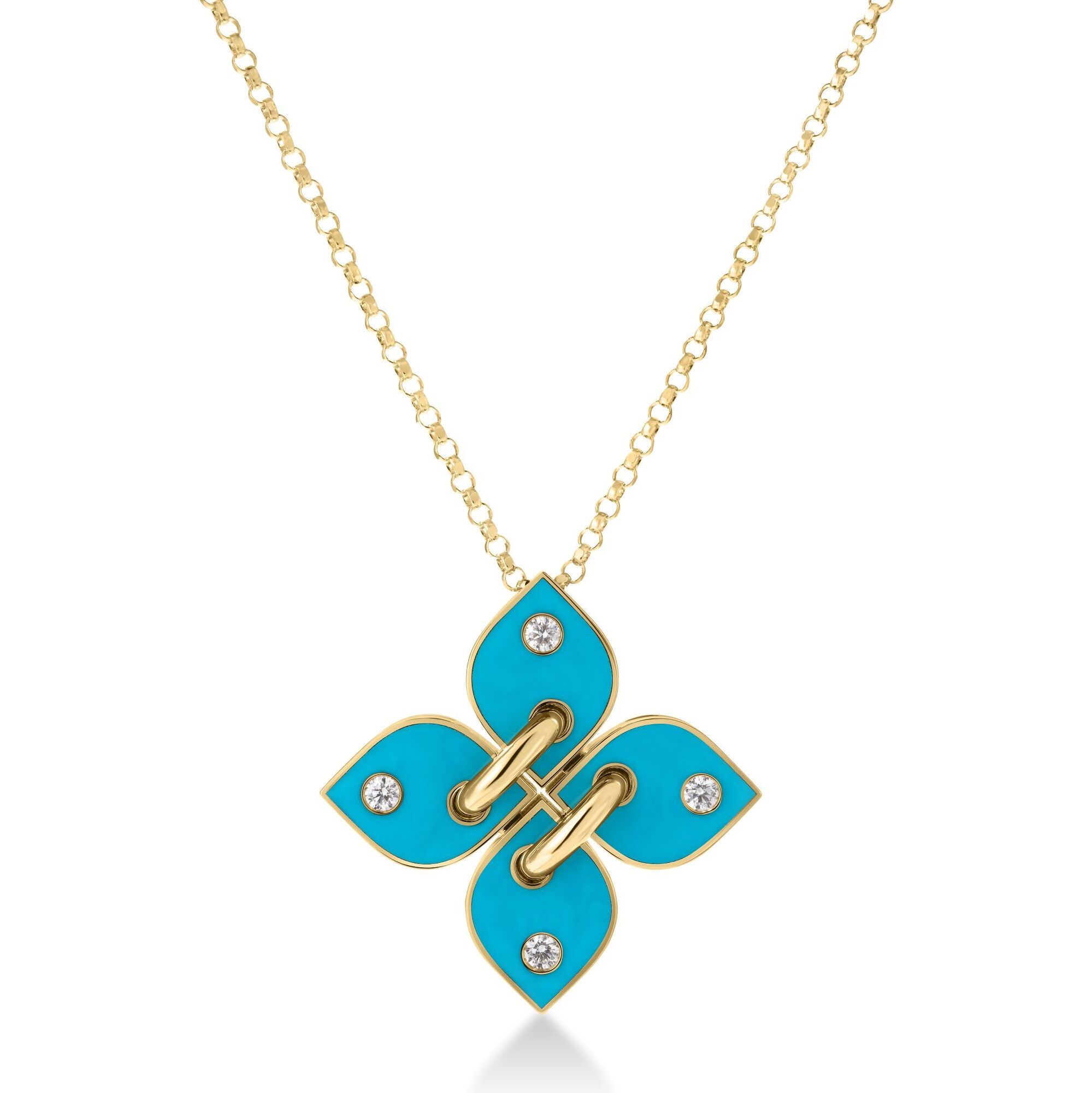 18k Yellow Gold Love In Verona Filo Diamond & Turquoise Enamel Flower Necklace