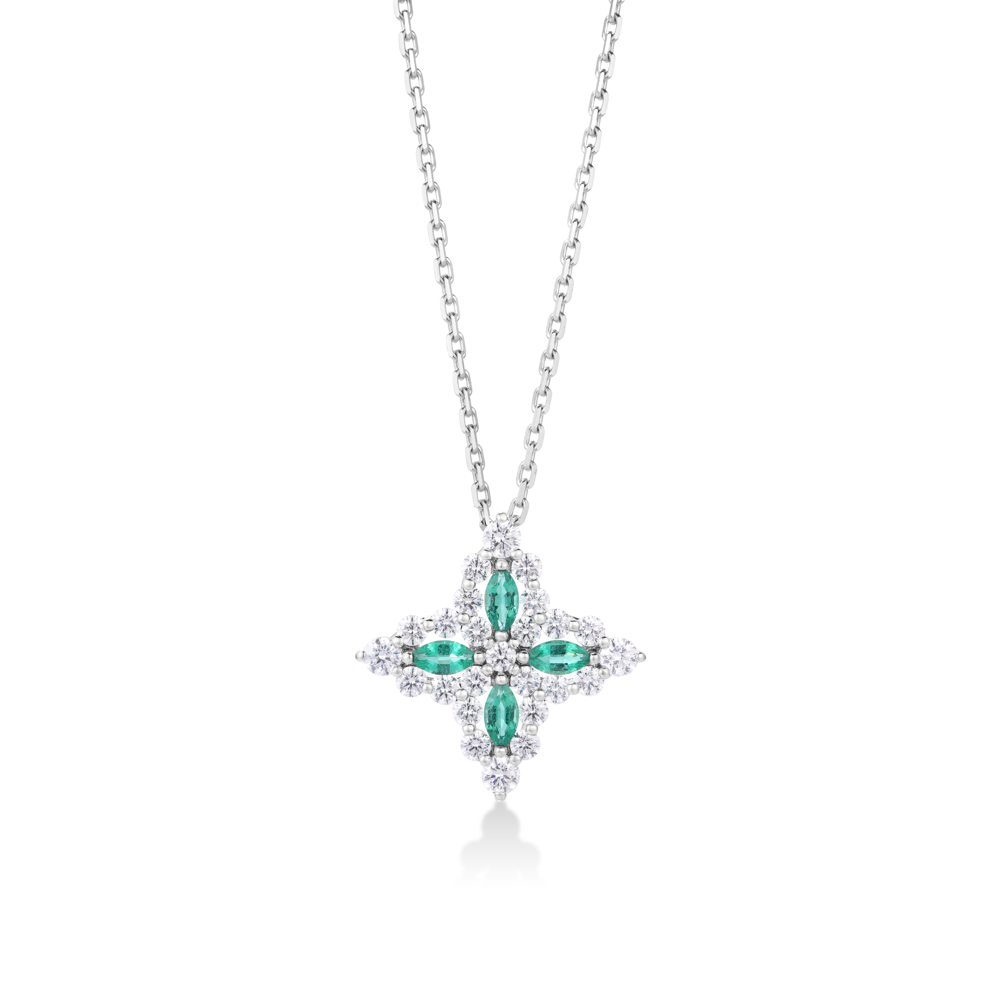 18k White Gold Princess Diamond Emerald Flower Necklace