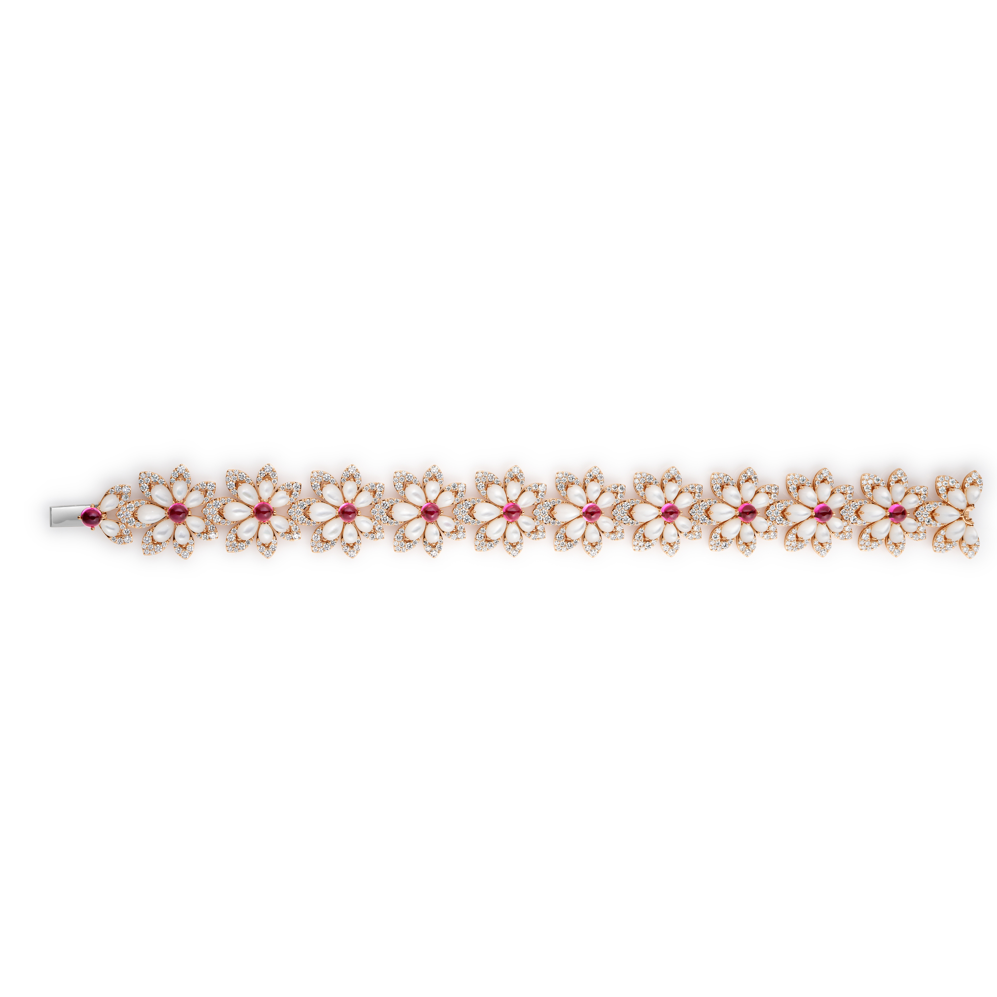 18k Rose Gold Tiare' Diamond, Rubellite, & Mother Of Pearl Flower Bracelet