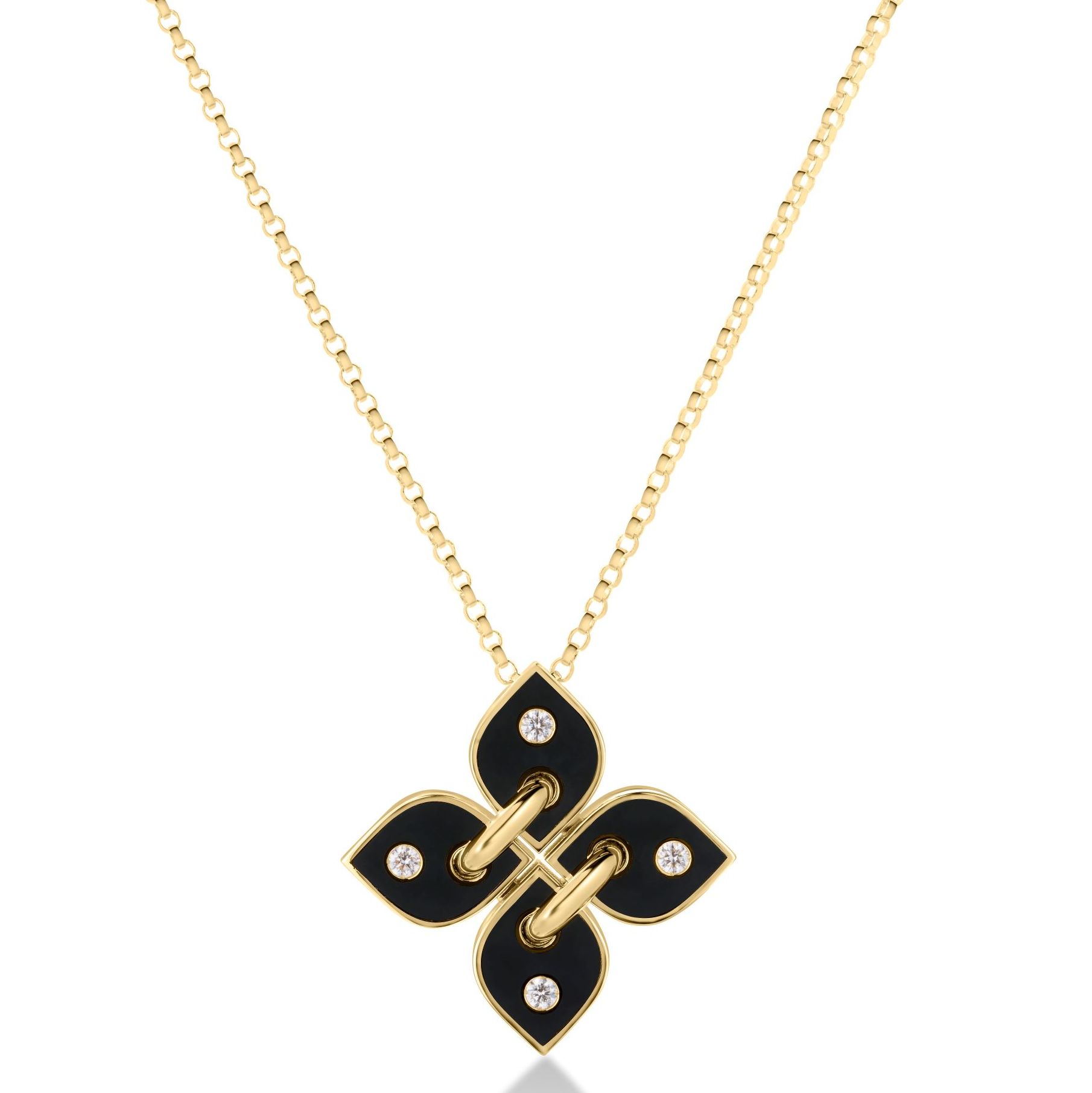 18k Yellow Gold Love In Verona Filo Small Diamond & Black Enamel Flower Necklace