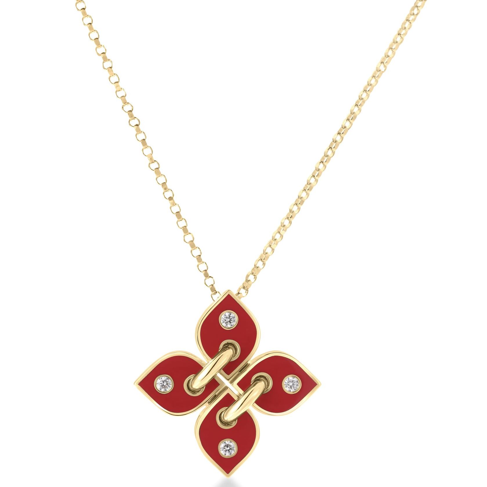 18k Yellow Gold Love In Verona Filo Small Diamond & Coral Enamel Flower Necklace