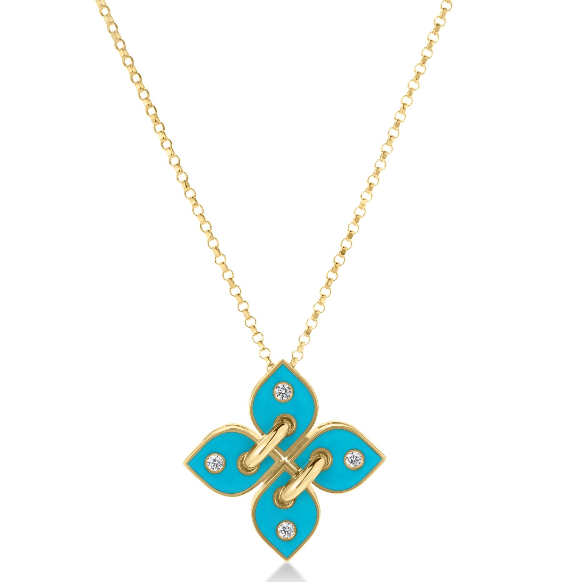 18k Yellow Gold Love In Verona Filo Small Diamond & Turquoise Enamel Flower Necklace