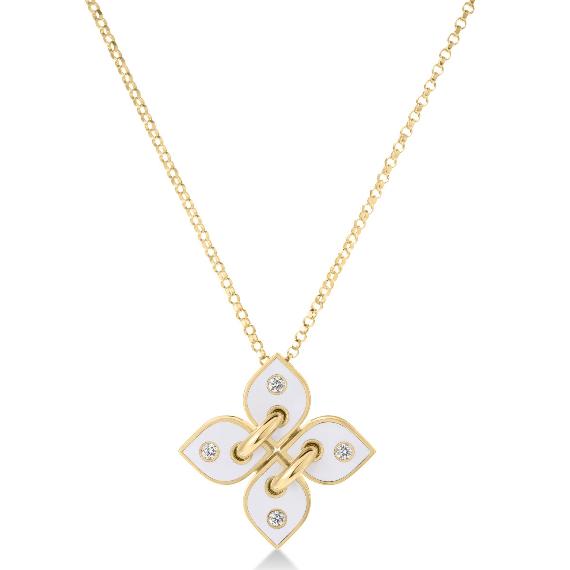 18k Yellow Gold Love In Verona Filo Small Diamond & White Enamel Flower Necklace