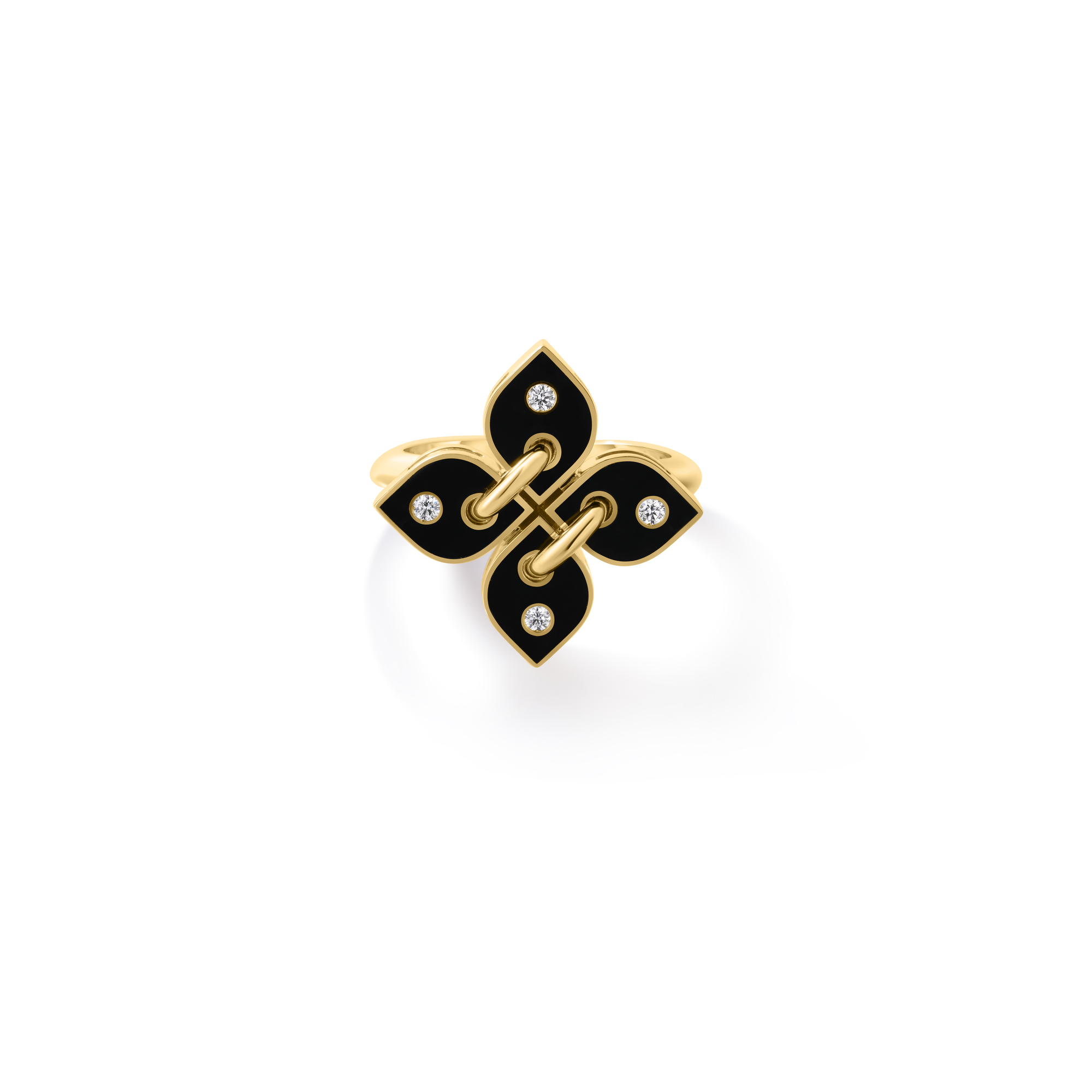18k Yellow Gold Love In Verona Filo Small Diamond & Black Enamel Flower Ring