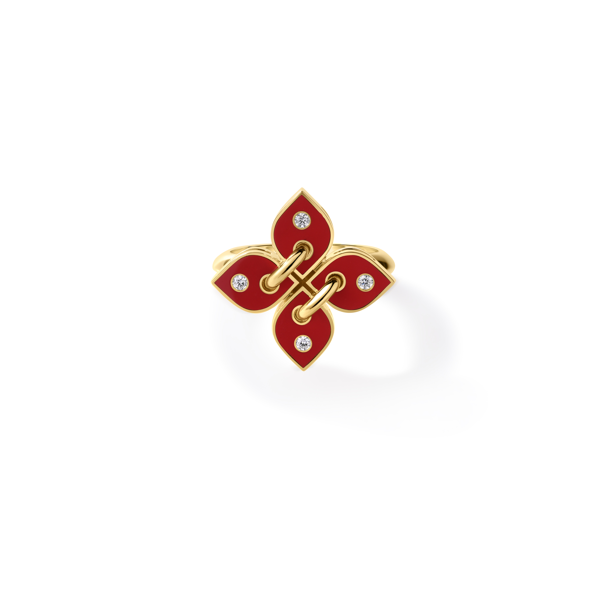 18k Yellow Gold Love In Verona Filo Small Diamond & Coral Enamel Flower Ring