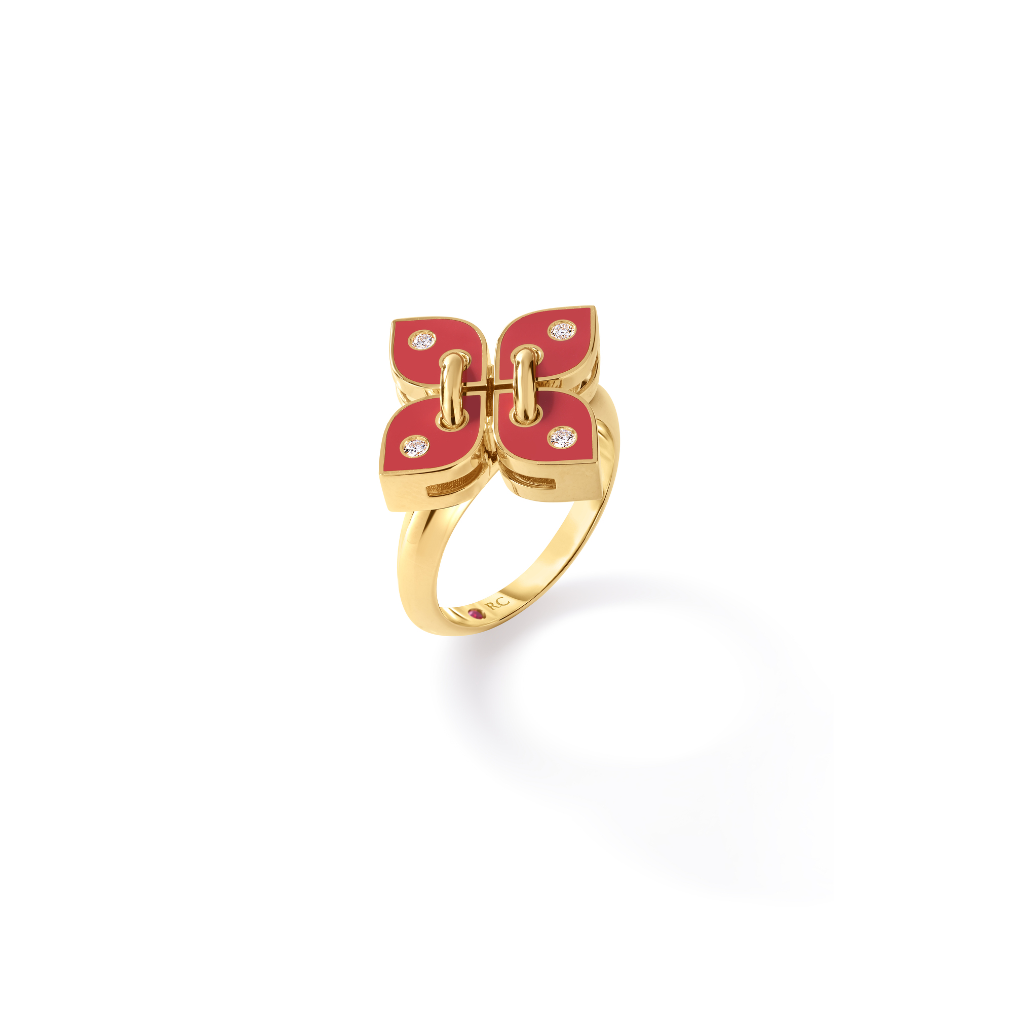 18k Yellow Gold Love In Verona Filo Small Diamond & Coral Enamel Flower Ring