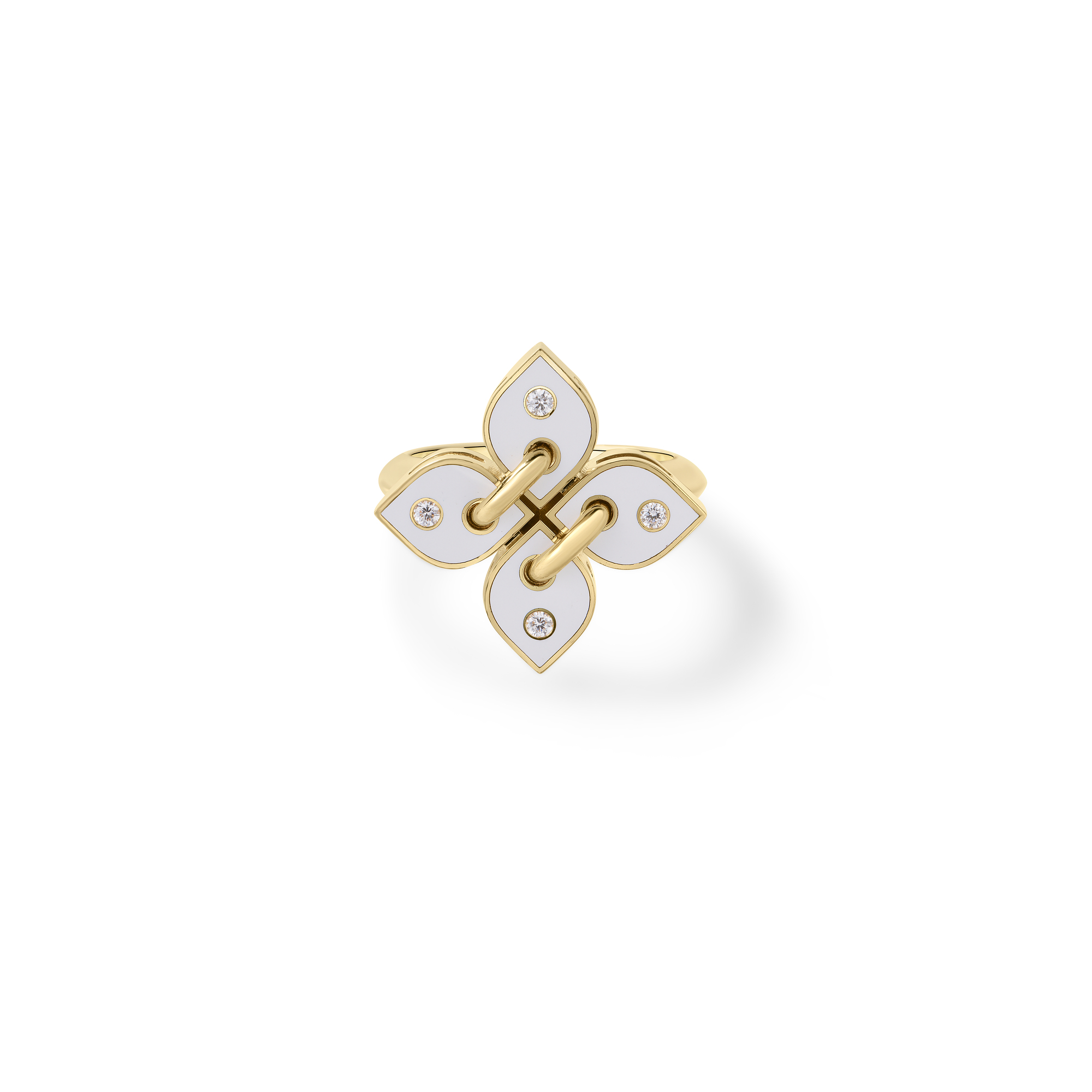 18k Yellow Gold Love In Verona Filo Small Diamond & White Enamel Flower Ring