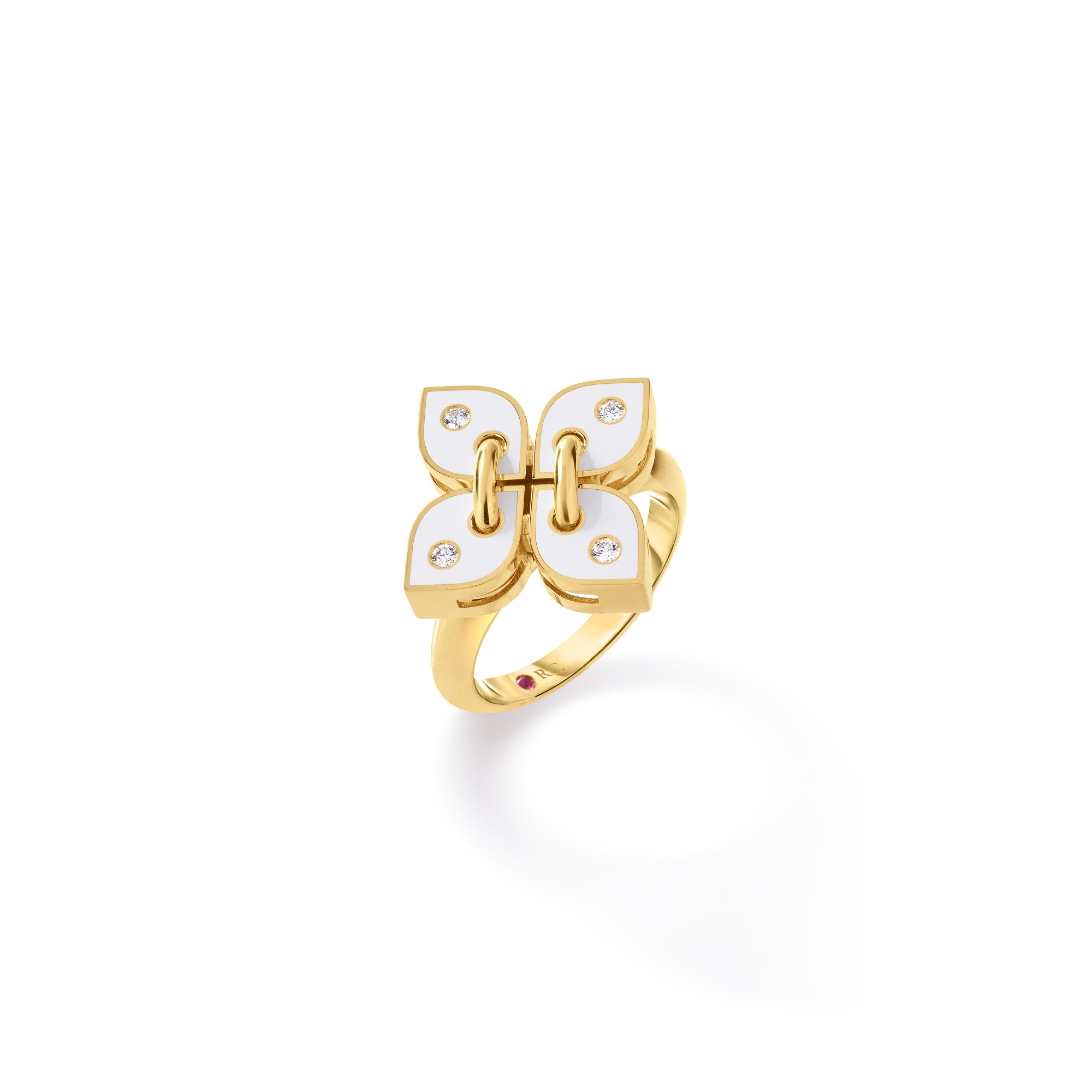18k Yellow Gold Love In Verona Filo Small Diamond & White Enamel Flower Ring
