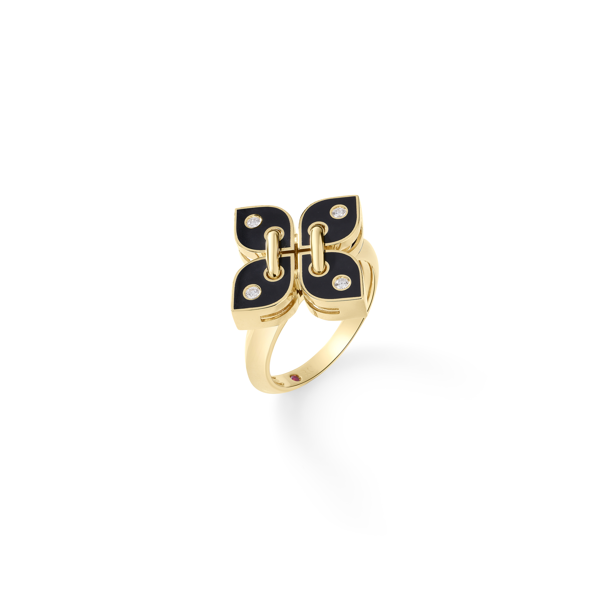 18k Yellow Gold Love In Verona Filo Small Diamond & Black Enamel Flower Ring