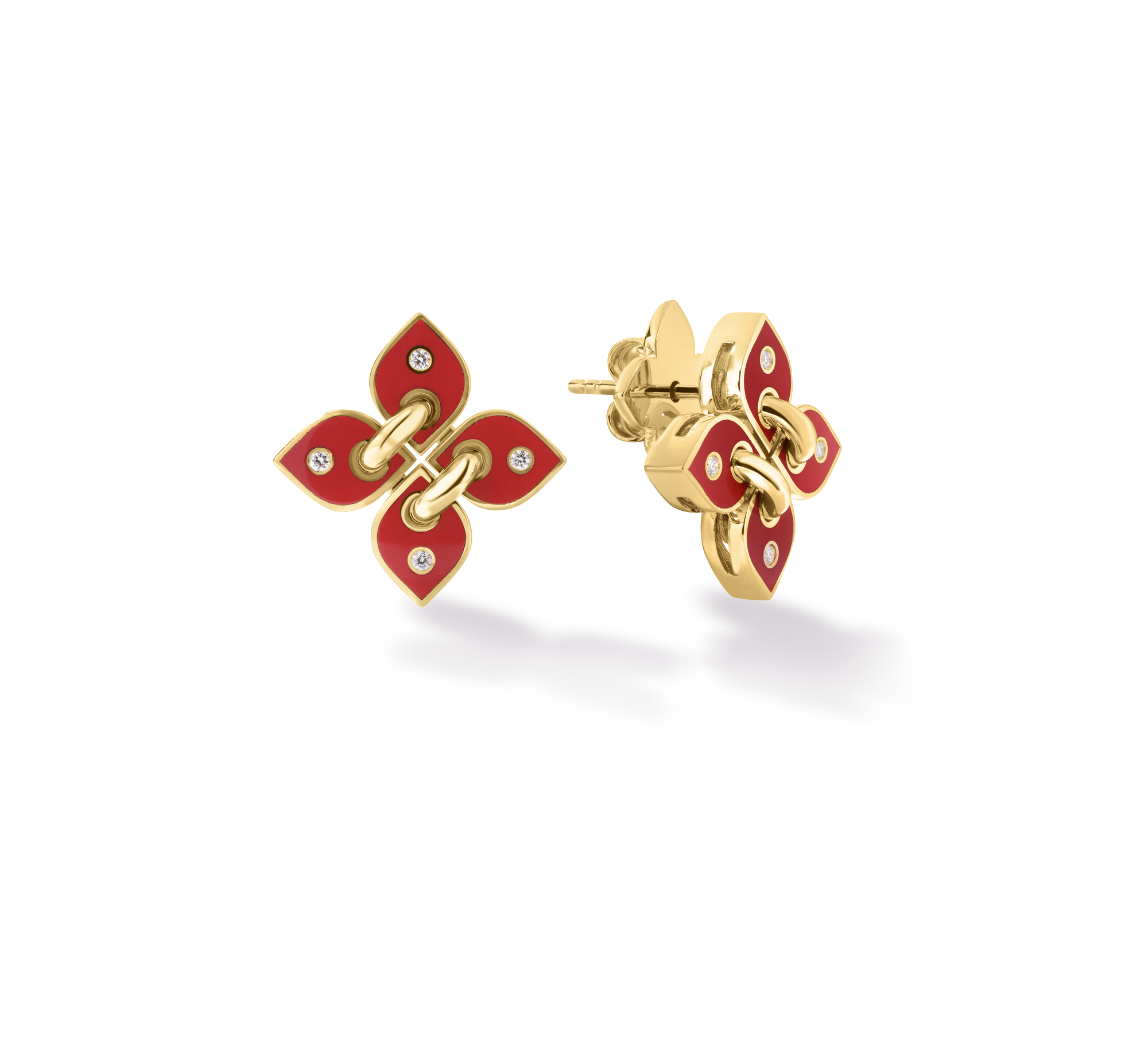 18k Yellow Gold Love In Verona Filo Small Diamond & Coral Enamel Flower Stud Earrings