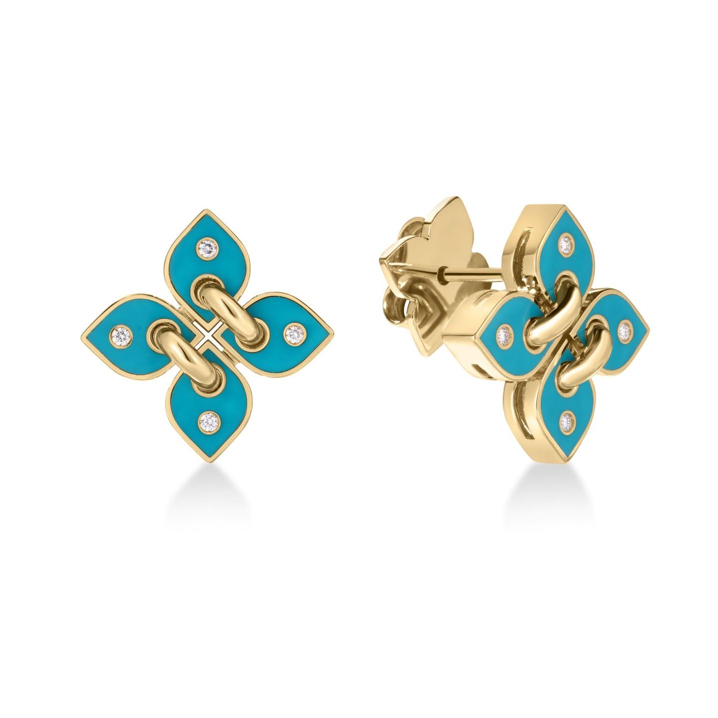 18k Yellow Gold Love In Verona Filo Small Diamond & Turquoise Enamel Flower Stud Earrings