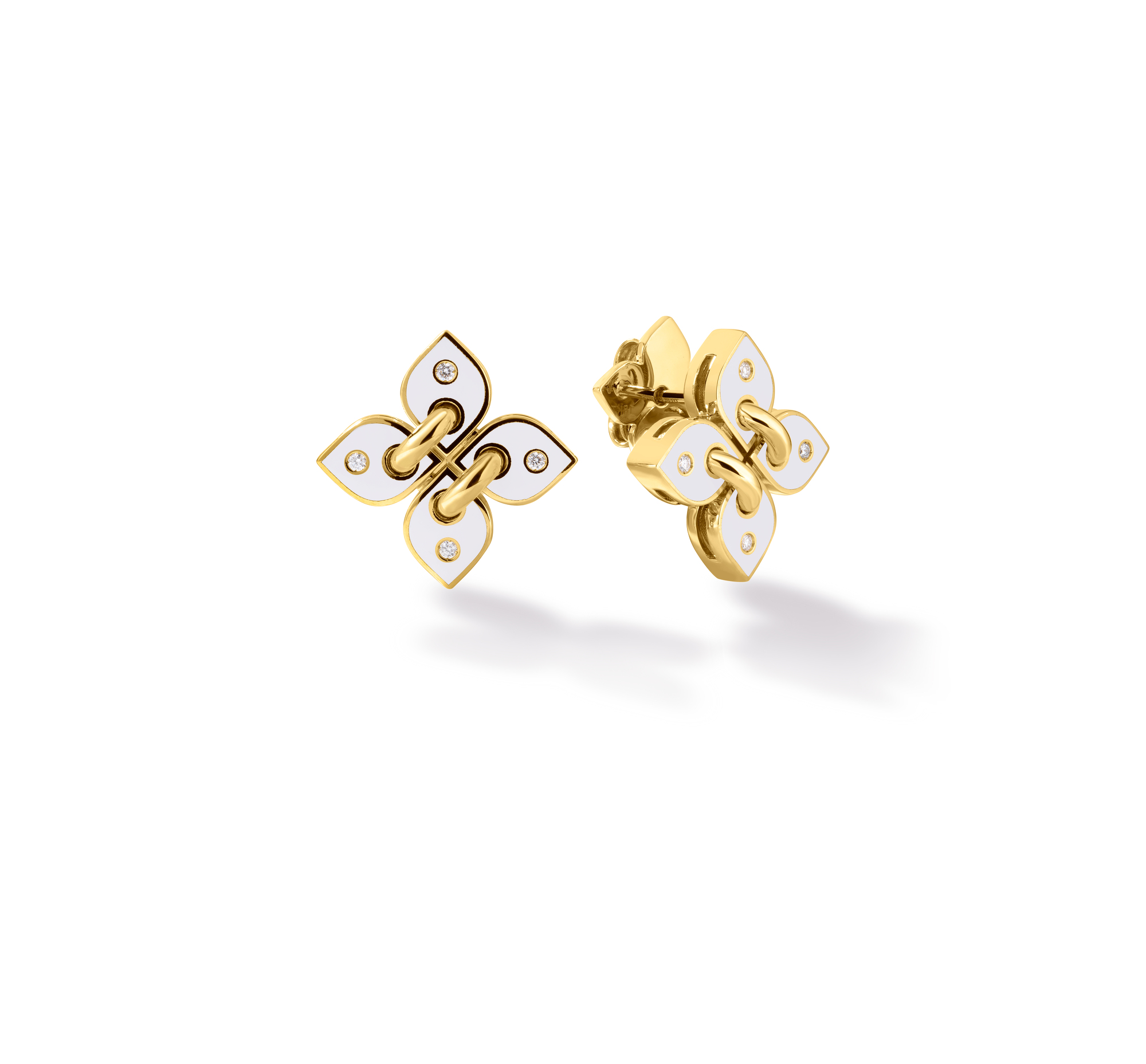 18k Yellow Gold Love In Verona Filo Small Diamond & White Enamel Flower Stud Earrings