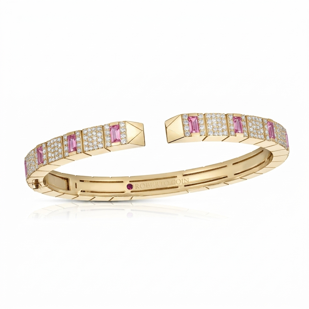 18k Yellow Gold Obelisco Pave Diamond & Pink Sapphire Bangle
