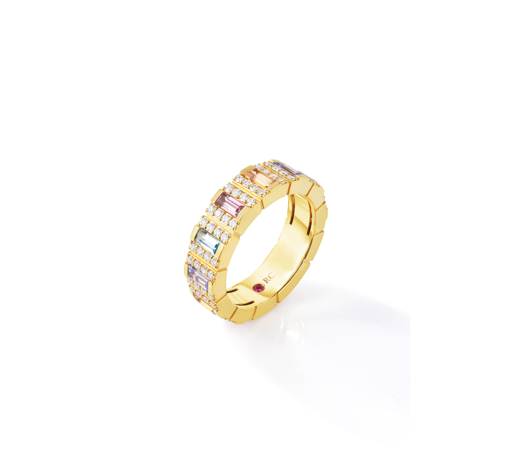 18k Yellow Gold Obelisco Pave Diamond & Mixed Stones Ring