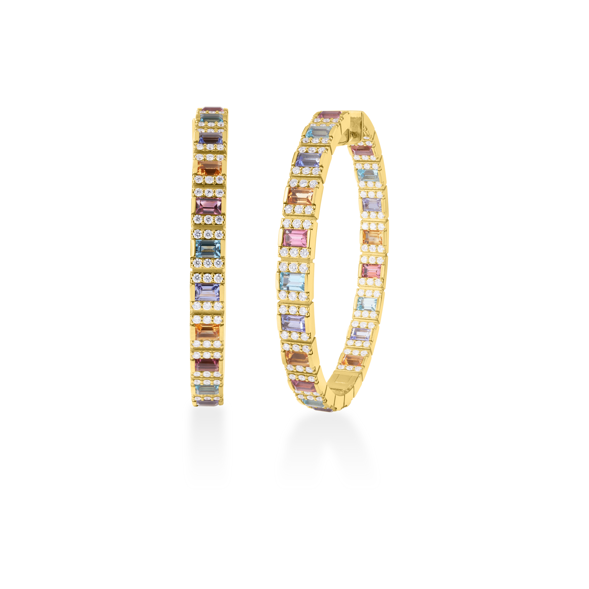 18k Yellow Gold Obelisco Pave Diamond & Mixed Stones Hoop Earrings