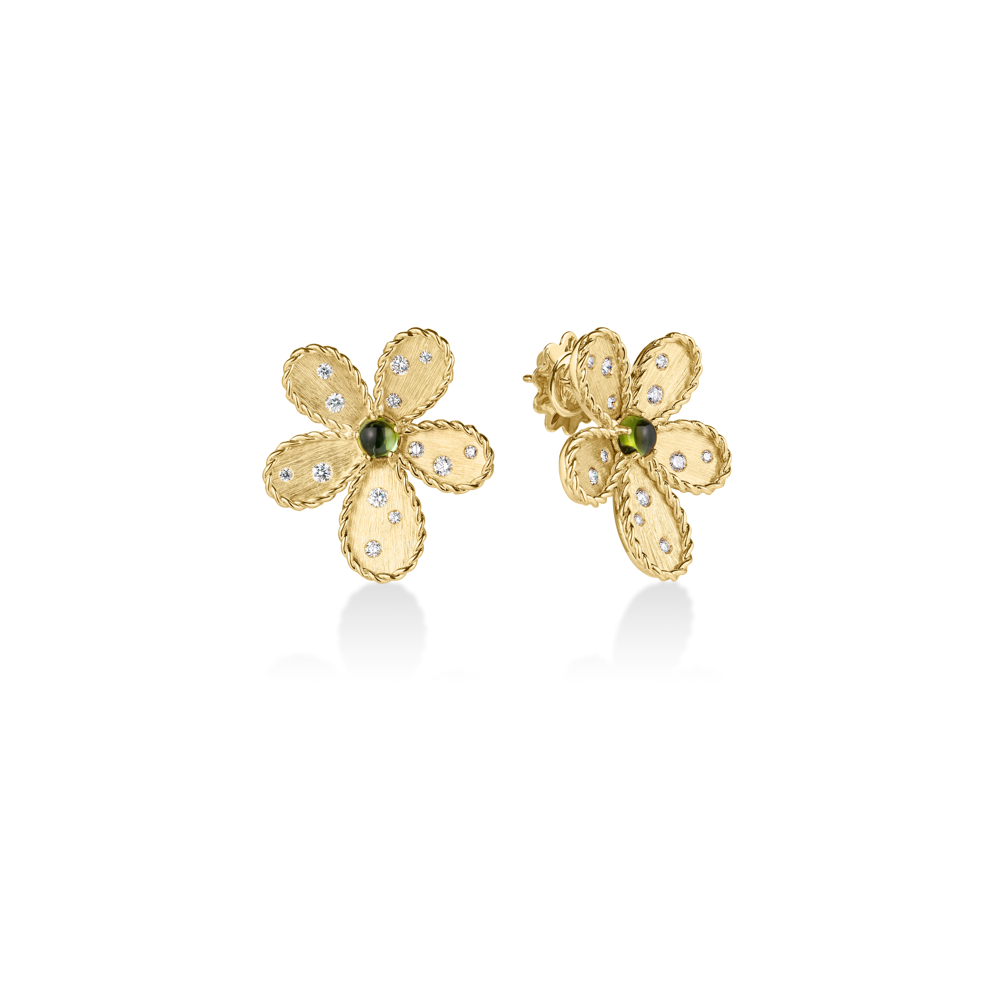 18k Yellow Gold Jasmine Diamond & Green Tourmaline Flower Stud Earrings