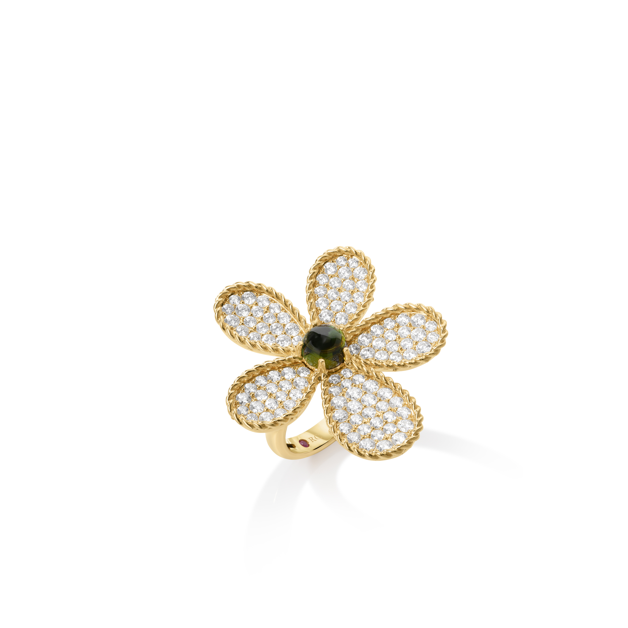 18k Yellow Gold Jasmine Pave Diamond & Green Tourmaline Flower Ring