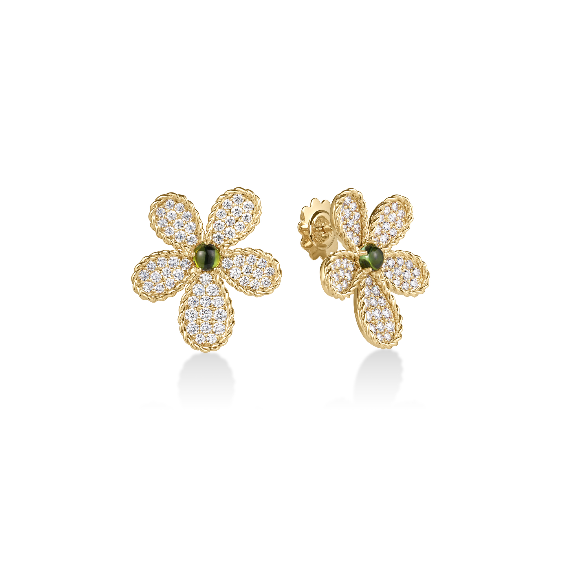 18k Yellow Gold Jasmine Pave Diamond & Green Tourmaline Flower Stud Earrings