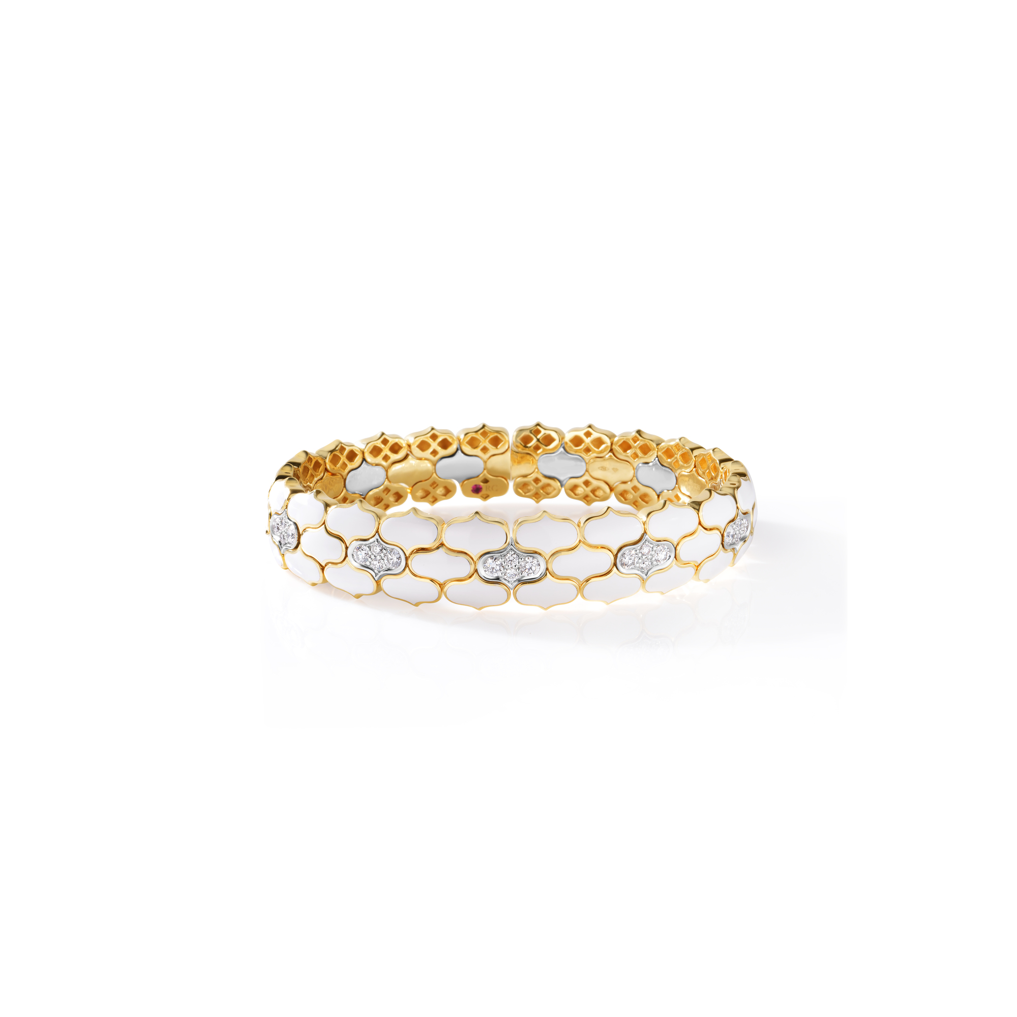 18k Yellow/white Gold Cobra Diamond & White Enamel Bangle
