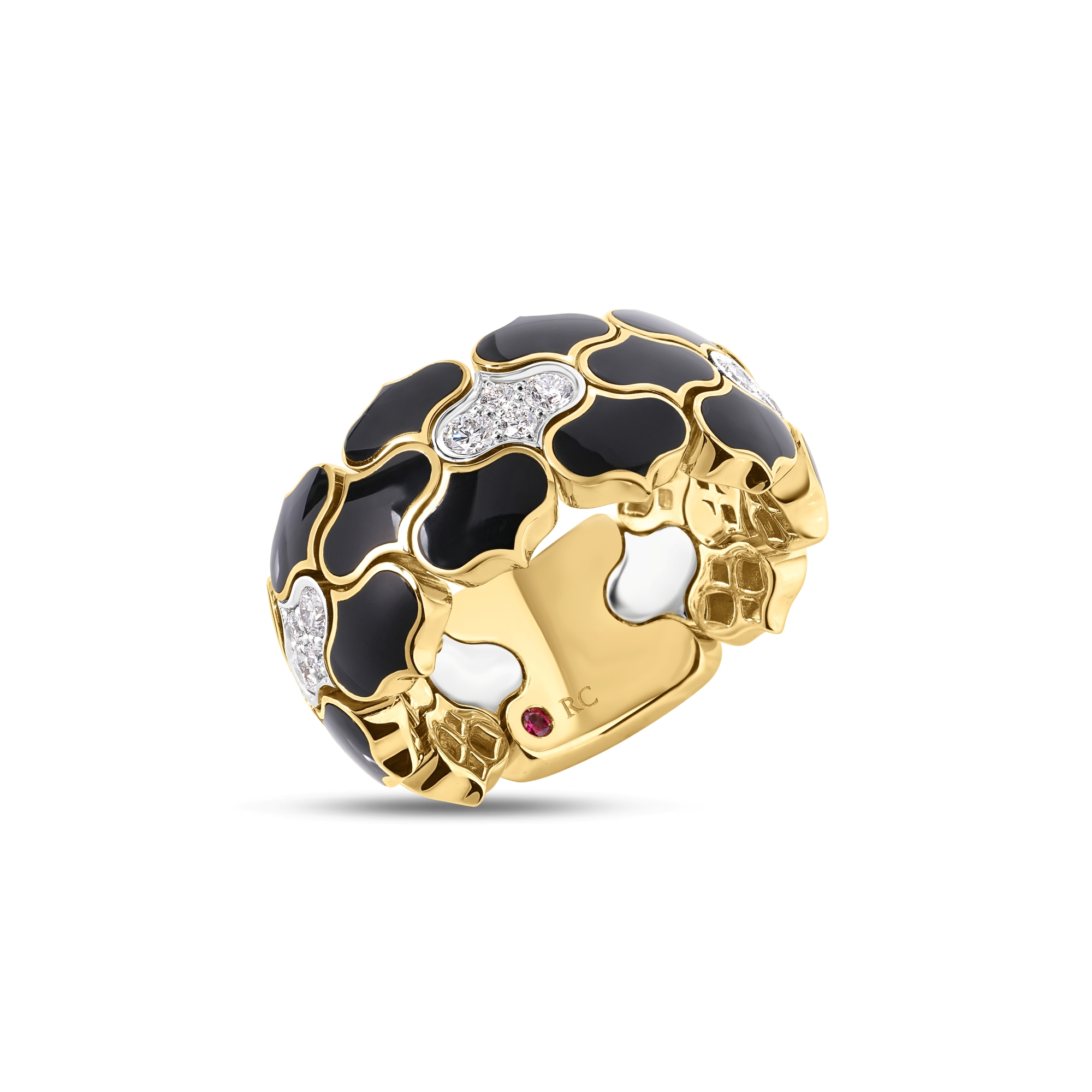 18k Yellow/white Gold Cobra Diamond And Black Enamel Wide Ring