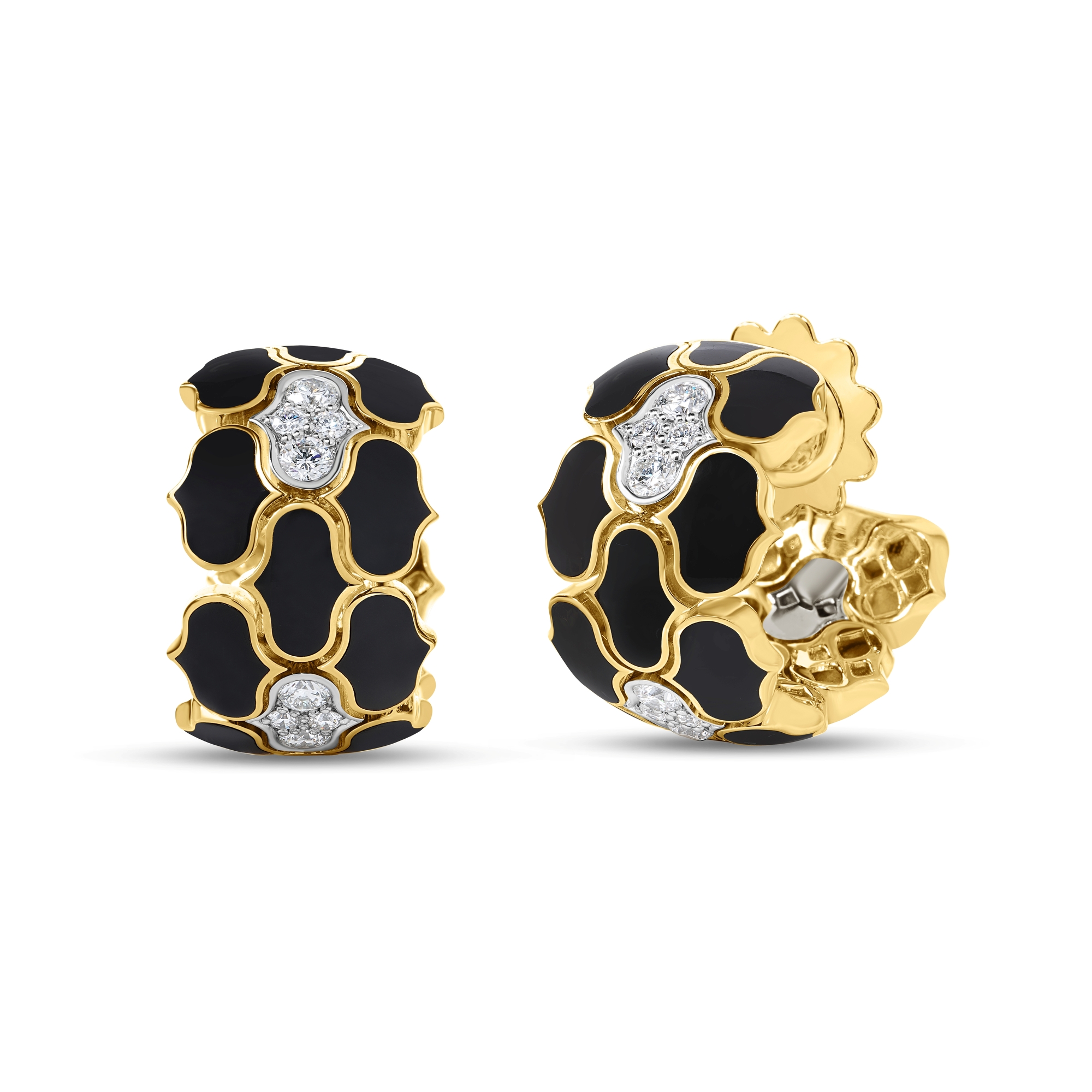 18k Yellow/white Gold Cobra Diamond And Black Enamel Wide Hoop Earrings