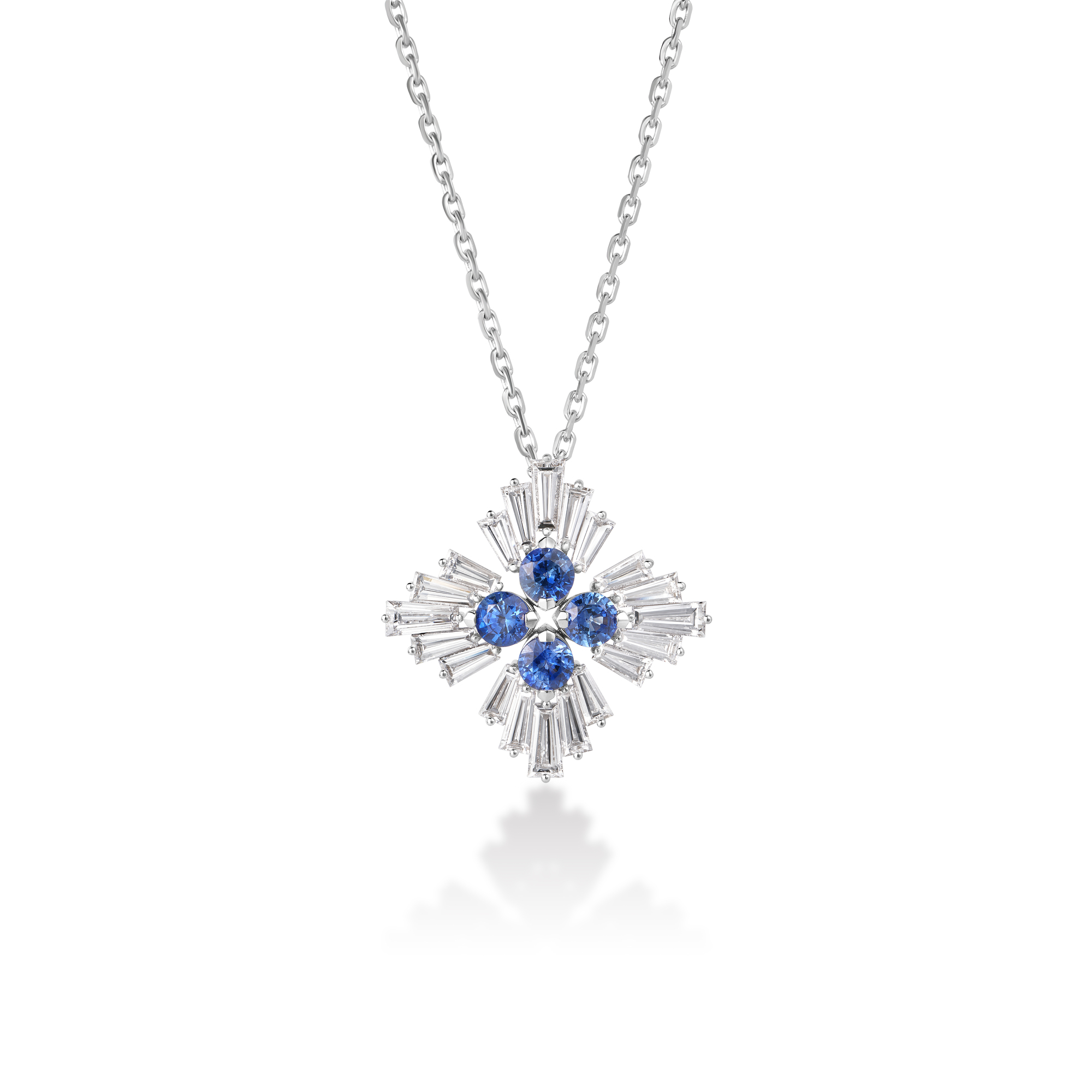 18k White Gold Diamond Princess & Blue Sapphire Necklace