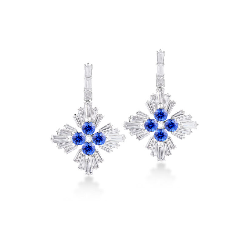 18k White Gold Diamond Princess & Blue Sapphire Drop Earrings