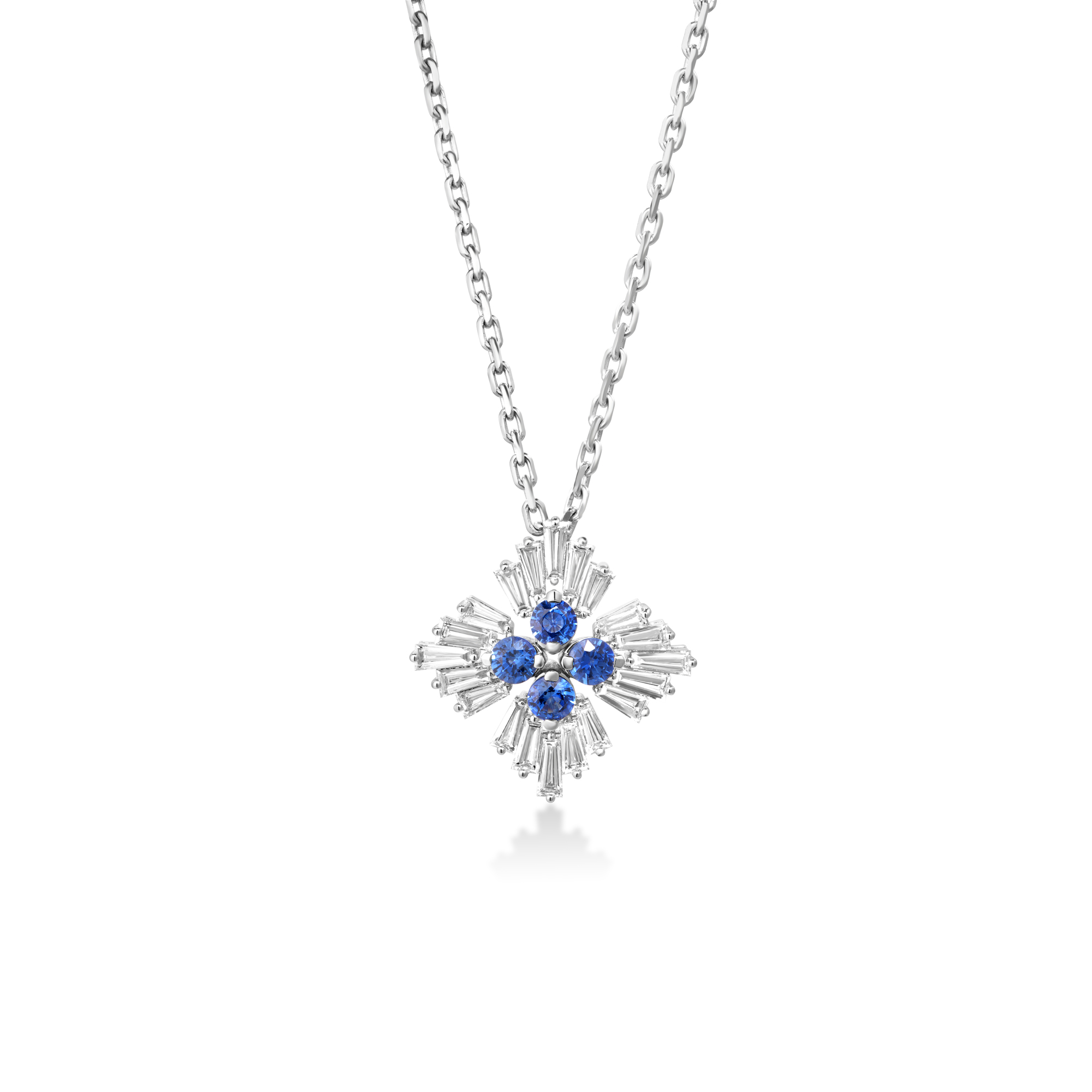 18k White Gold Diamond Princess & Blue Sapphire Necklace