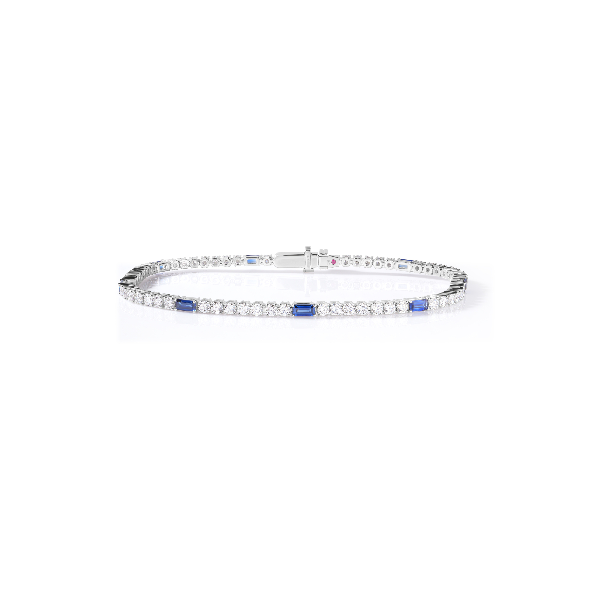 18k White Gold Diamond Princess Pave Diamond & Emerald Cut Blue Sapphire Bracelet