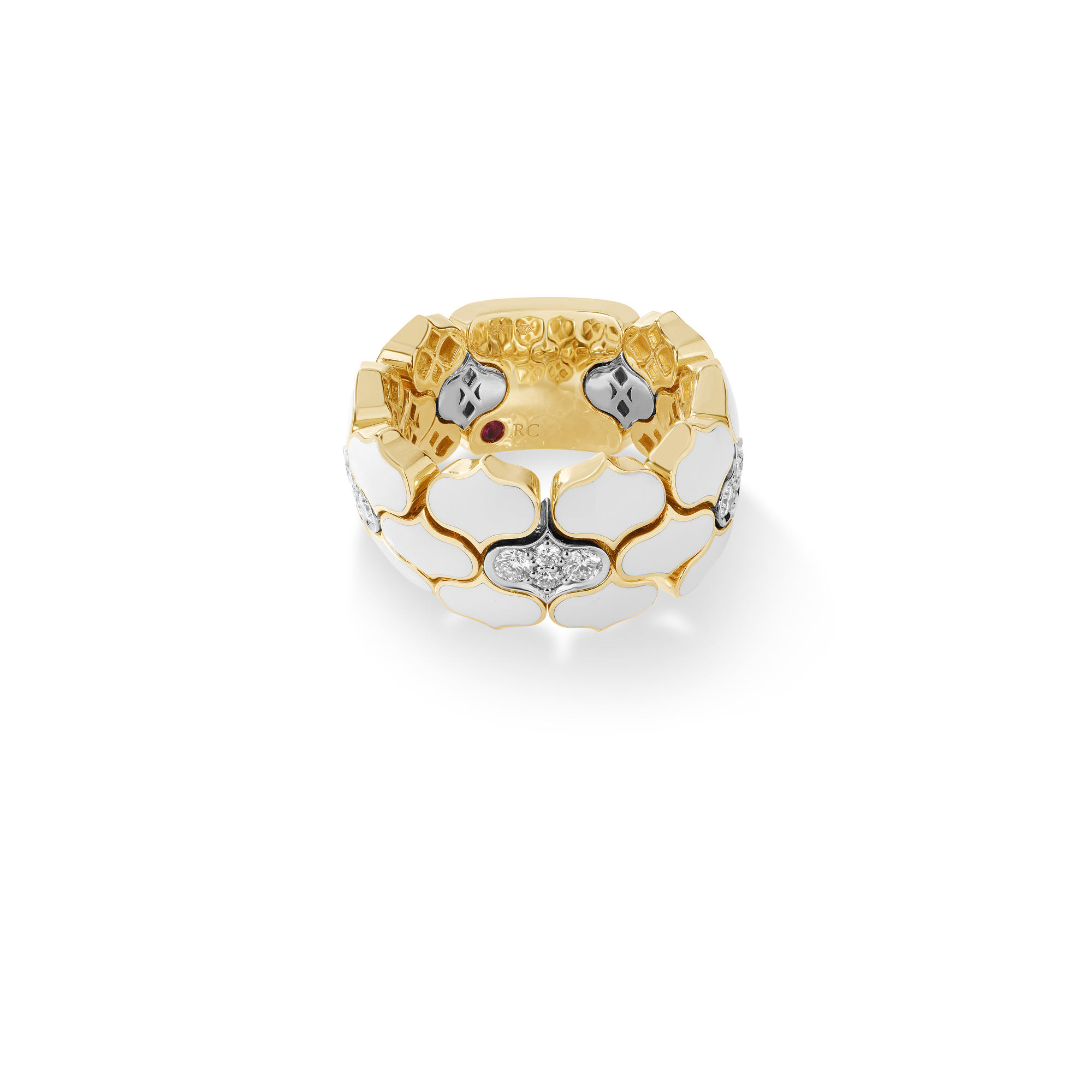 18k Yellow/white Gold Cobra Diamond & White Enamel Ring