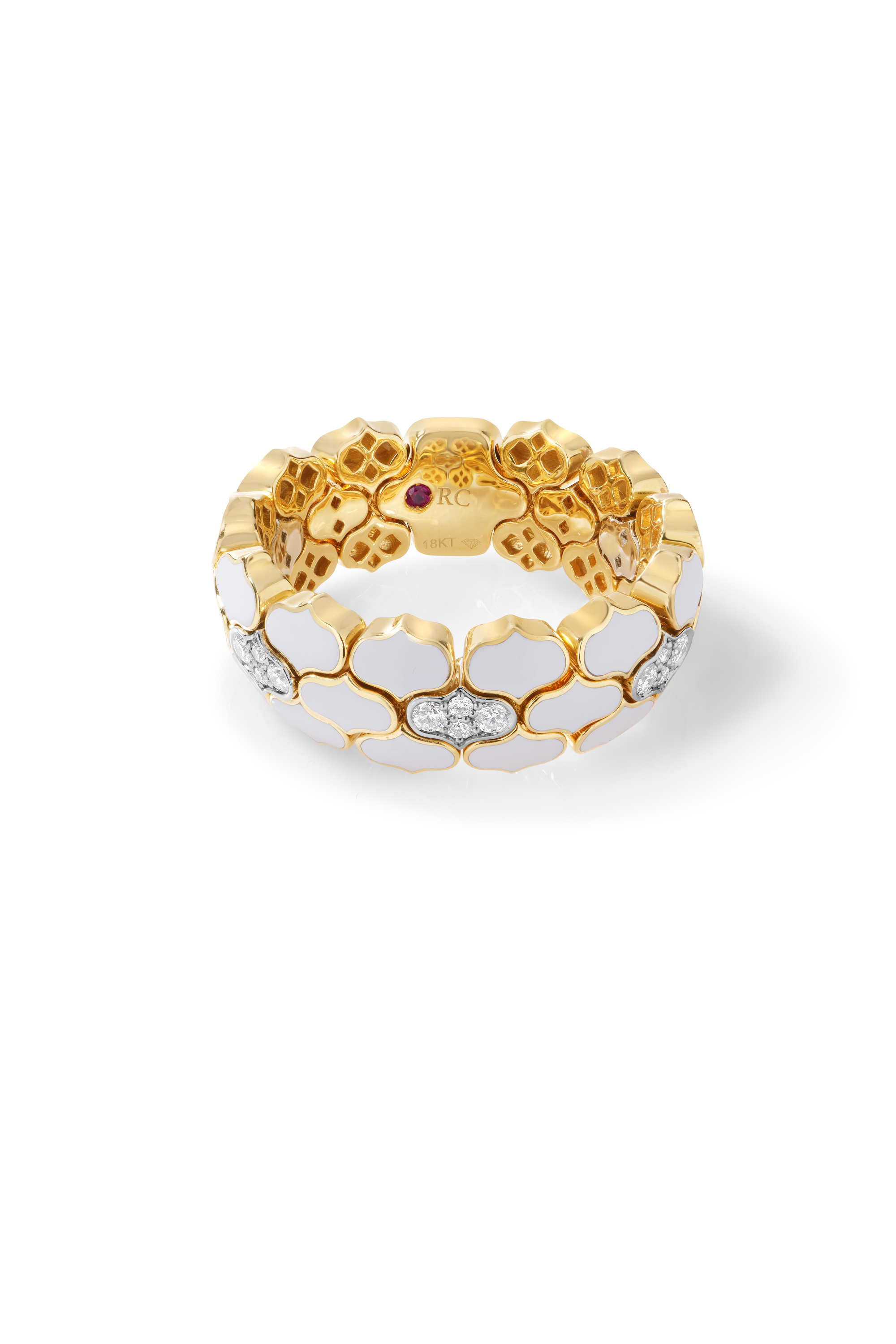 18k Yellow/white Gold Cobra Diamond & White Enamel Ring