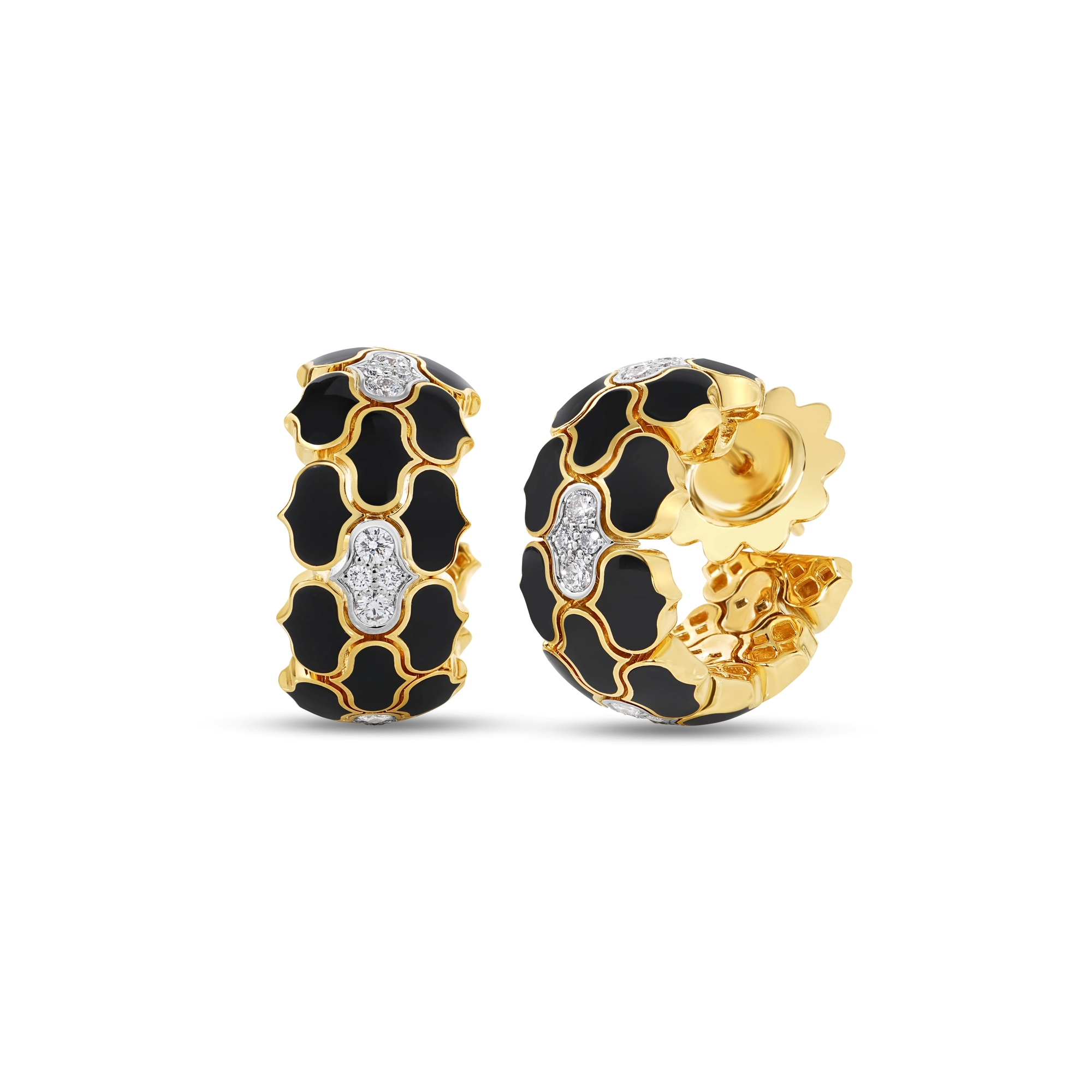 18k Yellow/white Gold Cobra Diamond And Black Enamel Hoop Earrings
