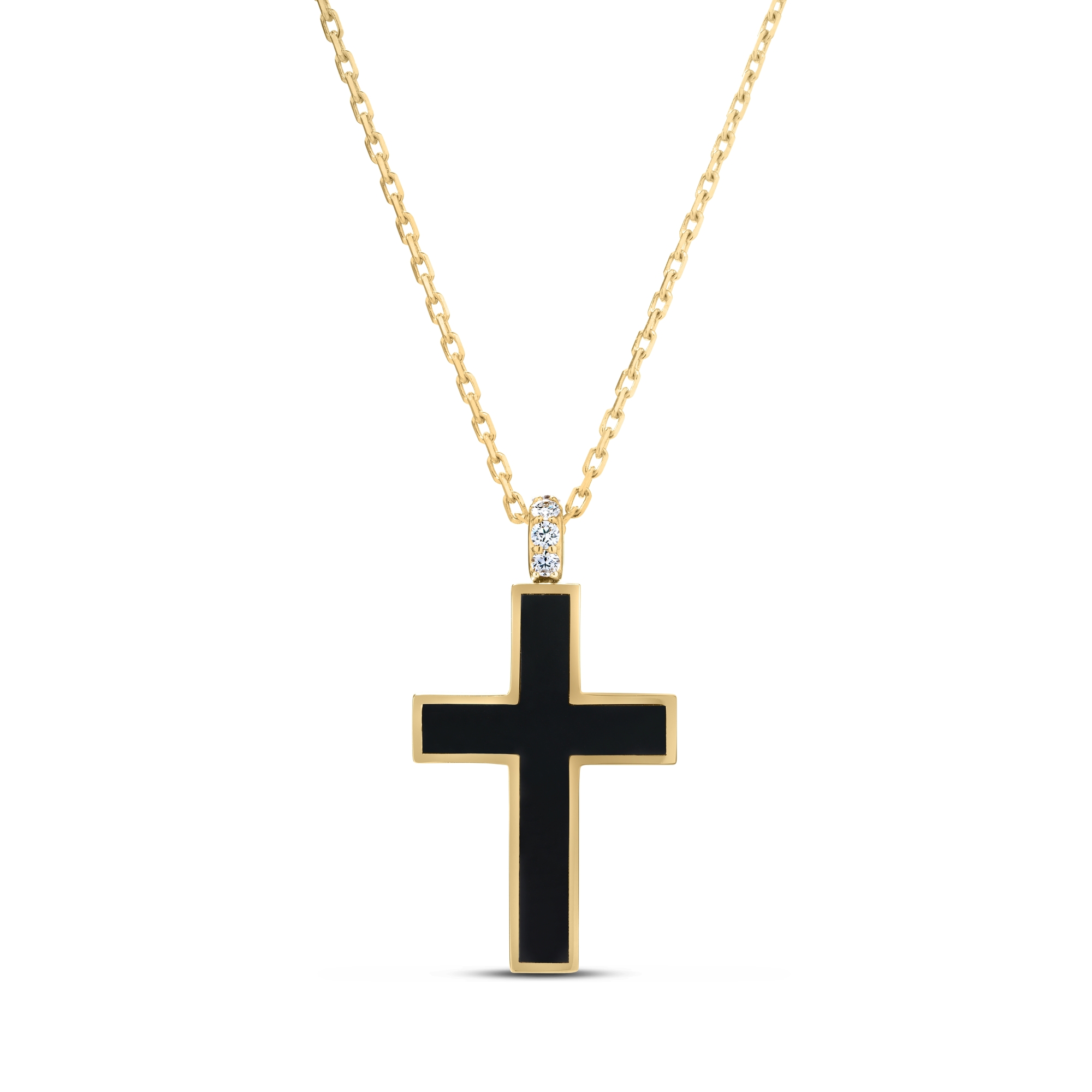 18k Yellow Designer Gold Diamond & Black Enamel Cross Necklace