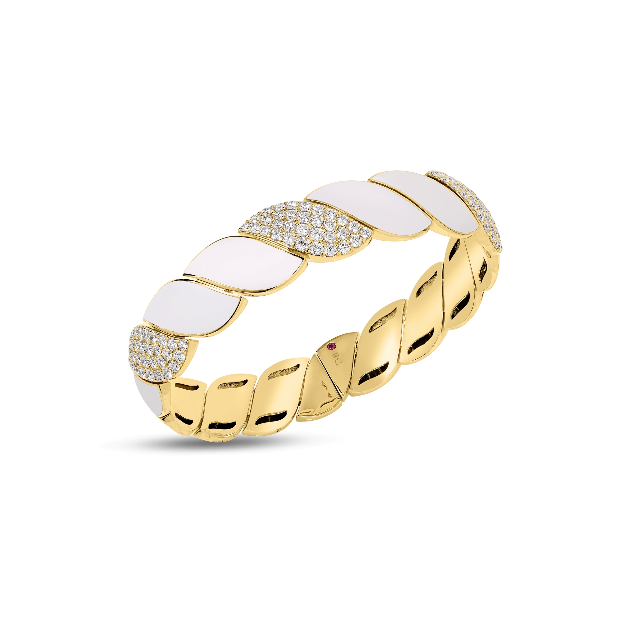 18k Yellow Gold San Marco Diamond And White Enamel Wide Cuff Bangle