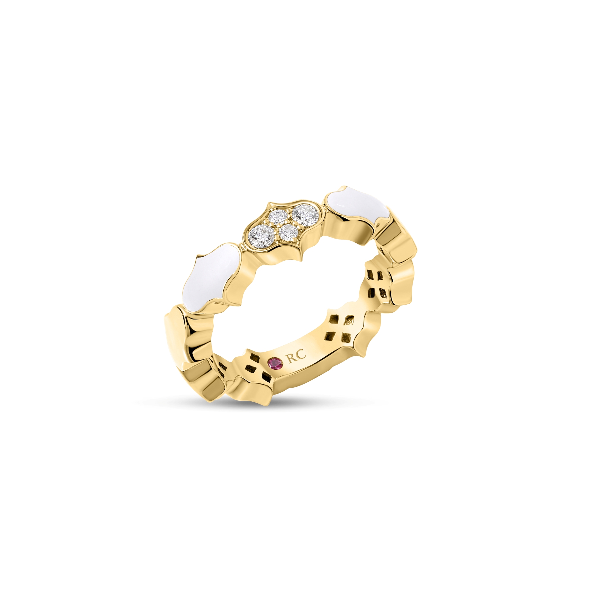 18k Yellow Gold Cobra Diamond And White Enamel Single Row Ring