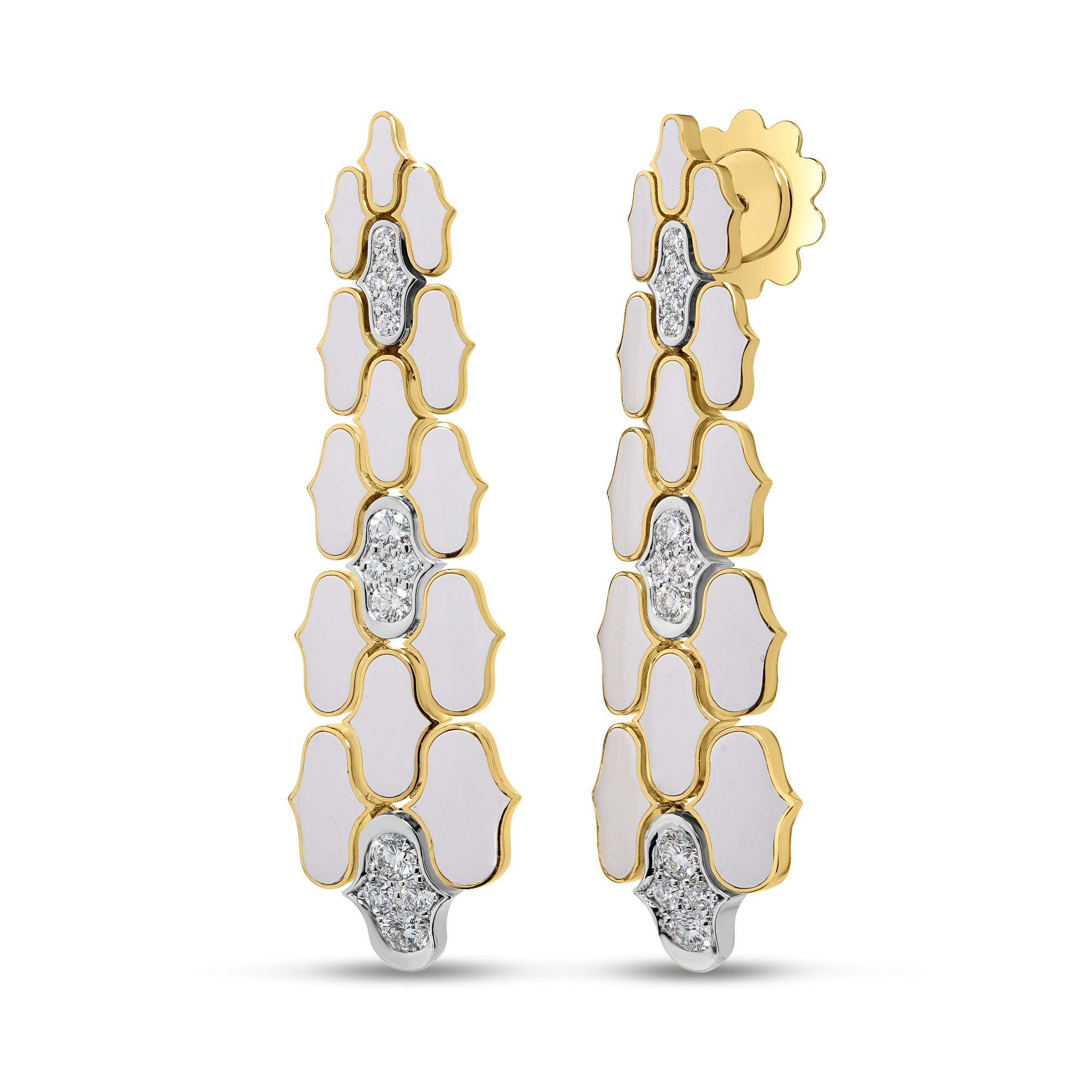 18k Yellow/white Gold Cobra Diamond And White Enamel Dangle Earrings