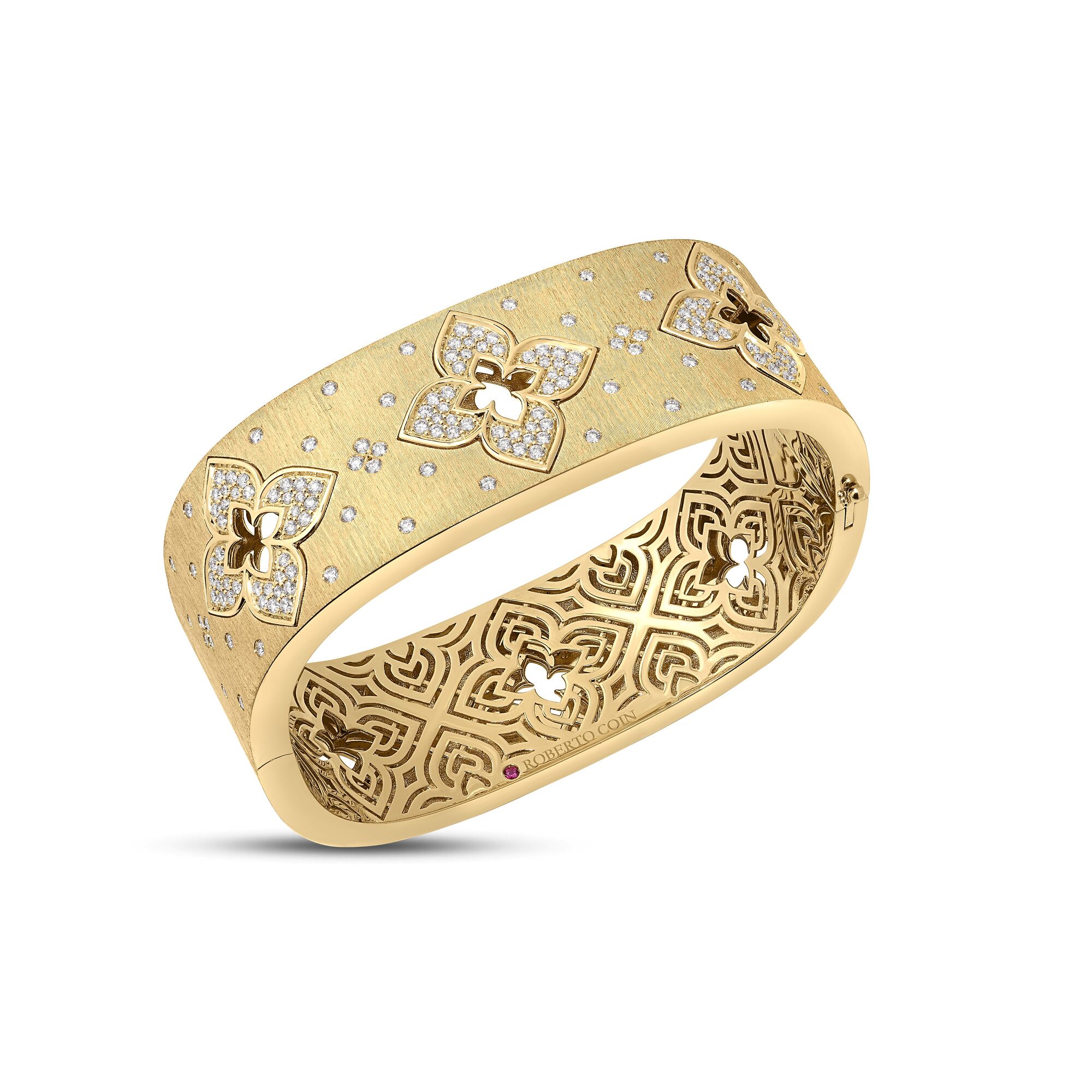 18k Yellow Gold Venetian Princess Pave Diamond Flowers Wide Bangle
