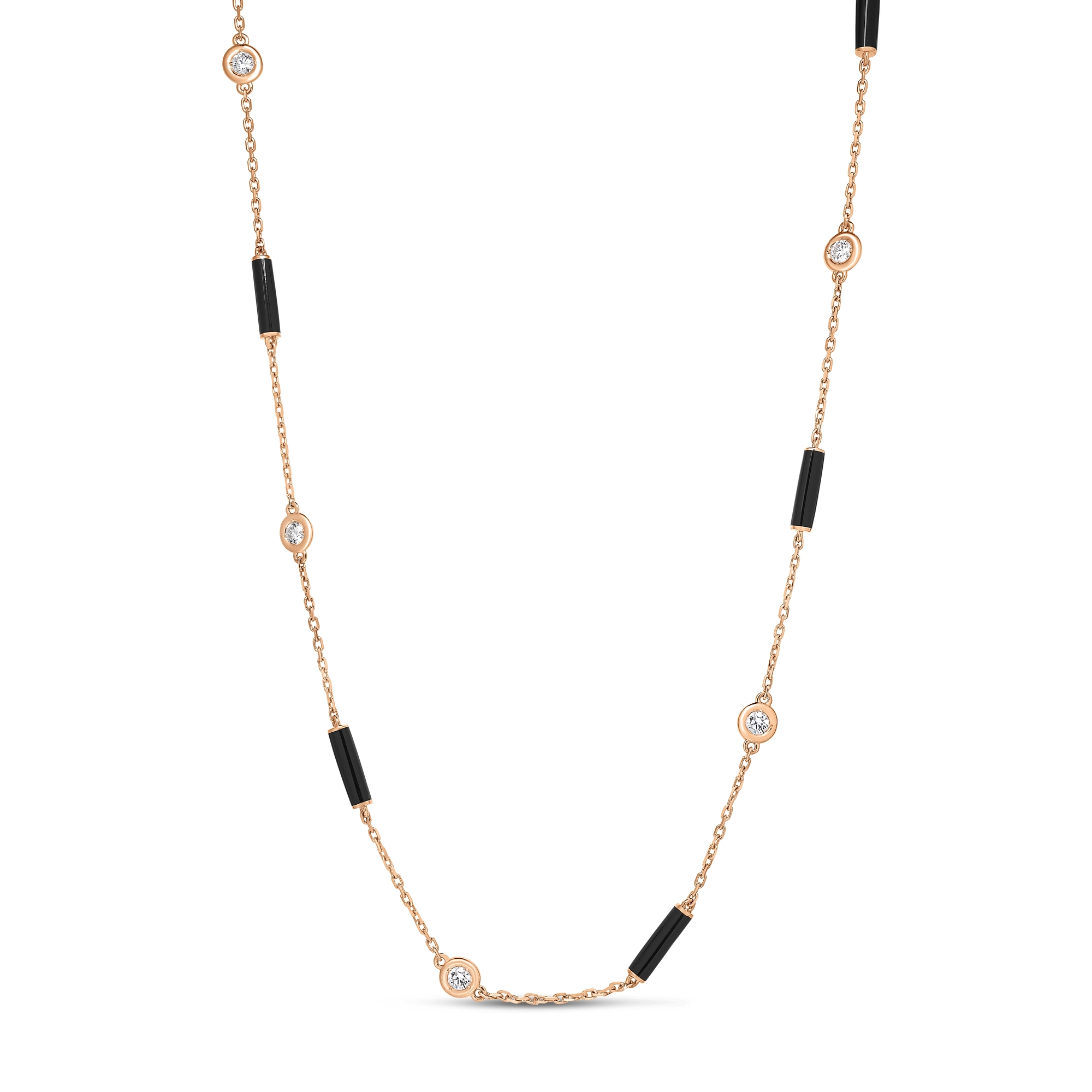 18k Rose Gold Diamonds By The Inch Black Enamel Bar And Bezel Station Long Necklace