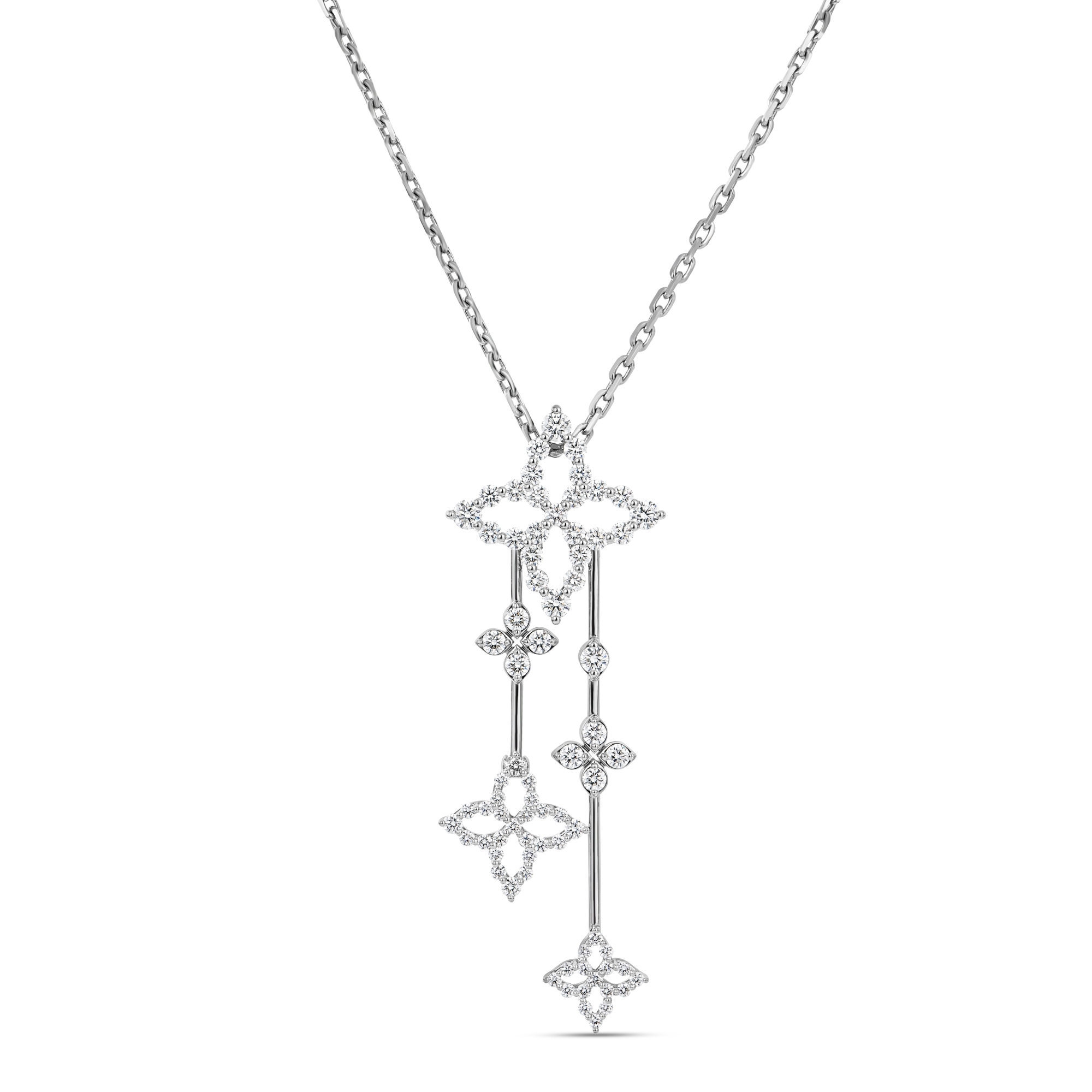 18k White Gold Diamond Princess Multi-flower Dangle Necklace