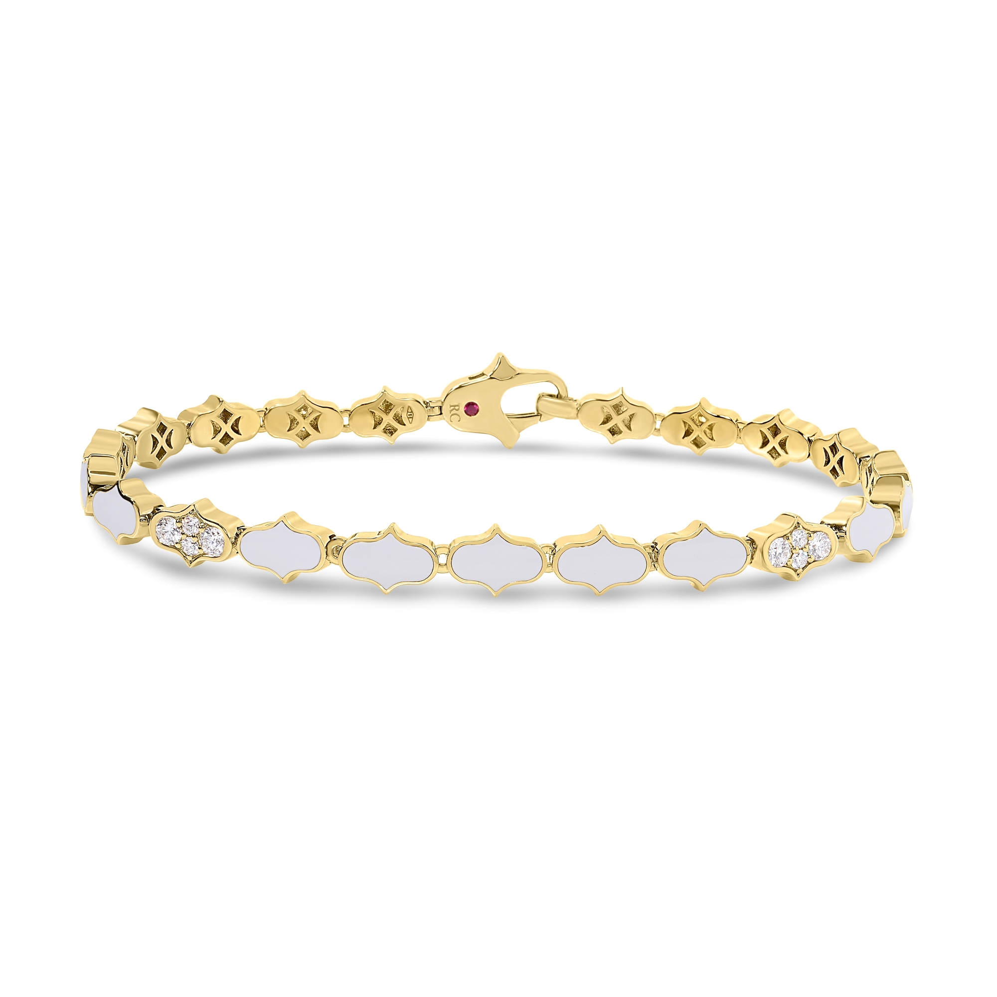18k Yellow Gold Cobra Diamond Accents And White Enamel Single Row Bracelet