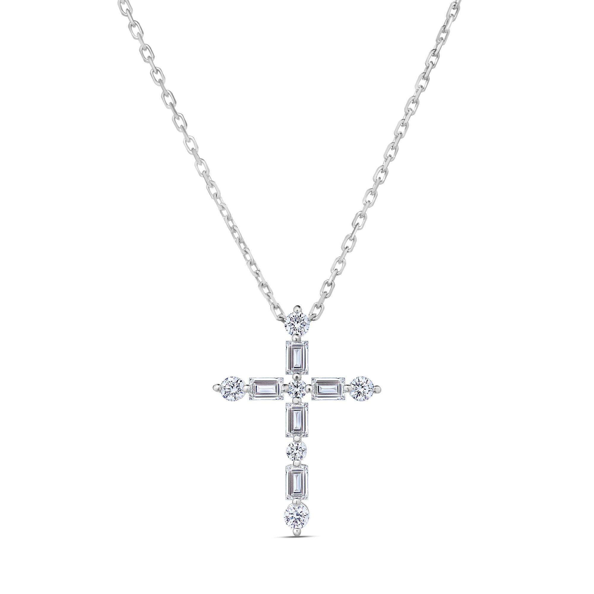 18k White Gold Diamond Princess Brilliant And Emerald Cut Cross Necklace