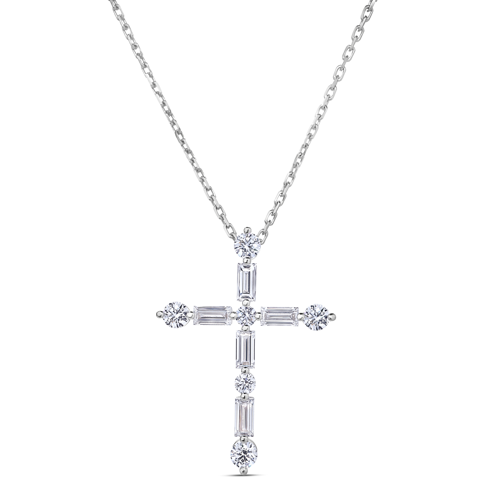 18k White Gold Diamond Princess Large Brilliant And Emerald Cut Cross Necklace