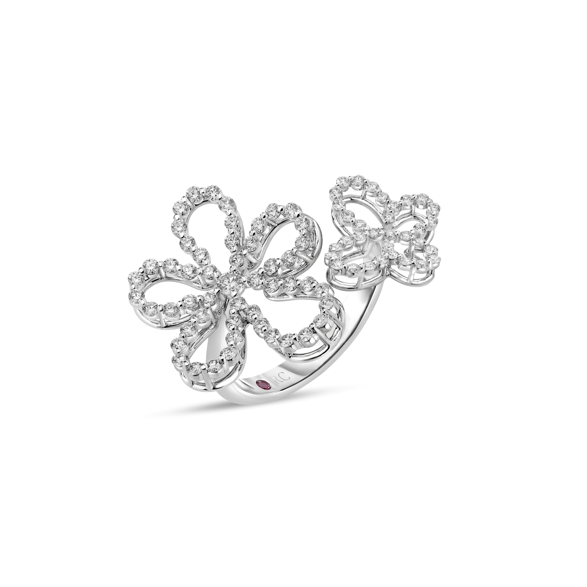 18k White Gold Jasmine Pave Diamond Outline Butterfly And Flower Ring