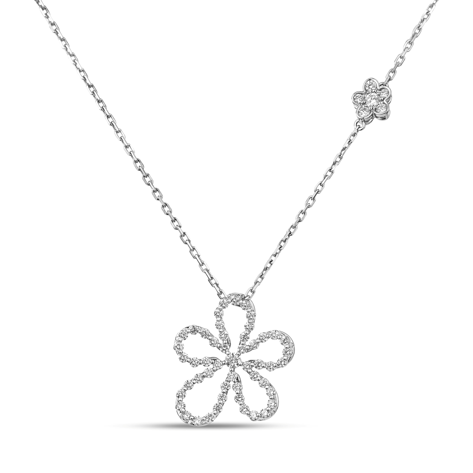 18k White Gold Jasmine Large Pave Diamond Outline Flower Necklace