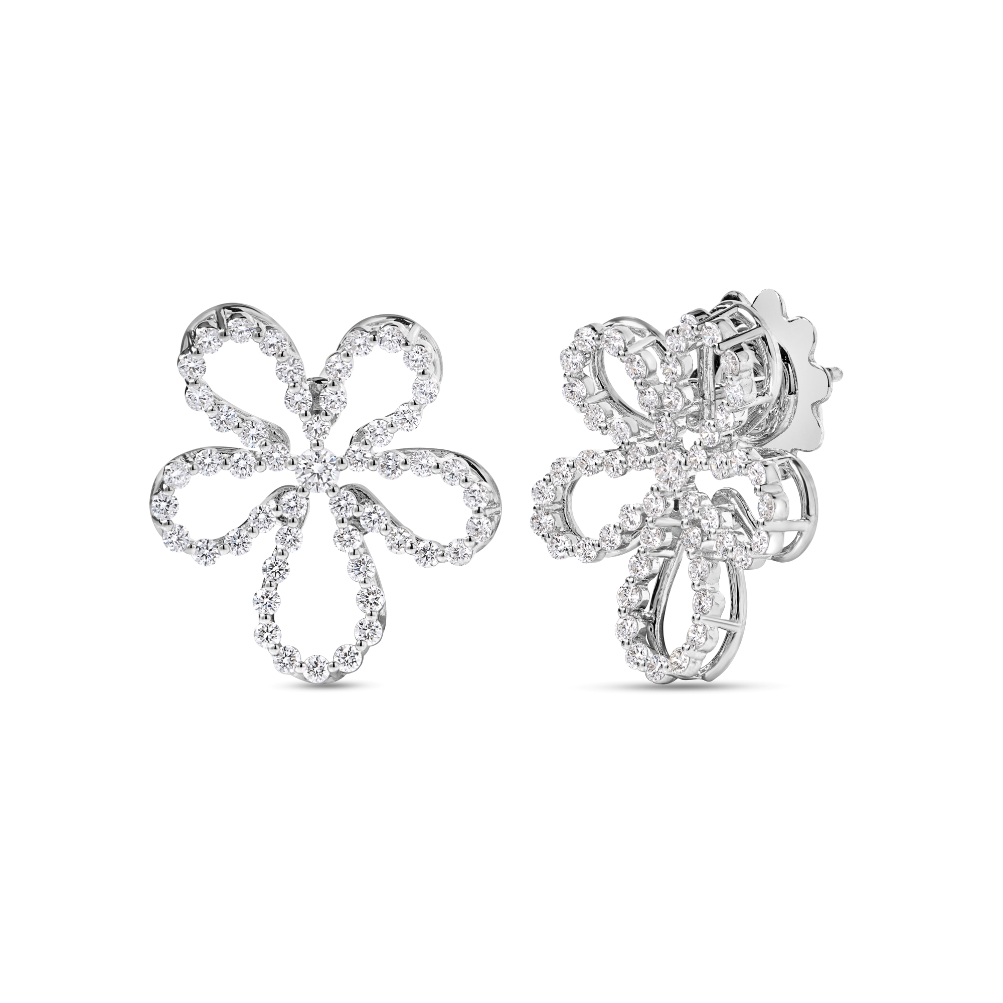 18k White Gold Jasmine Large Pave Diamond Outline Flower Stud Earrings